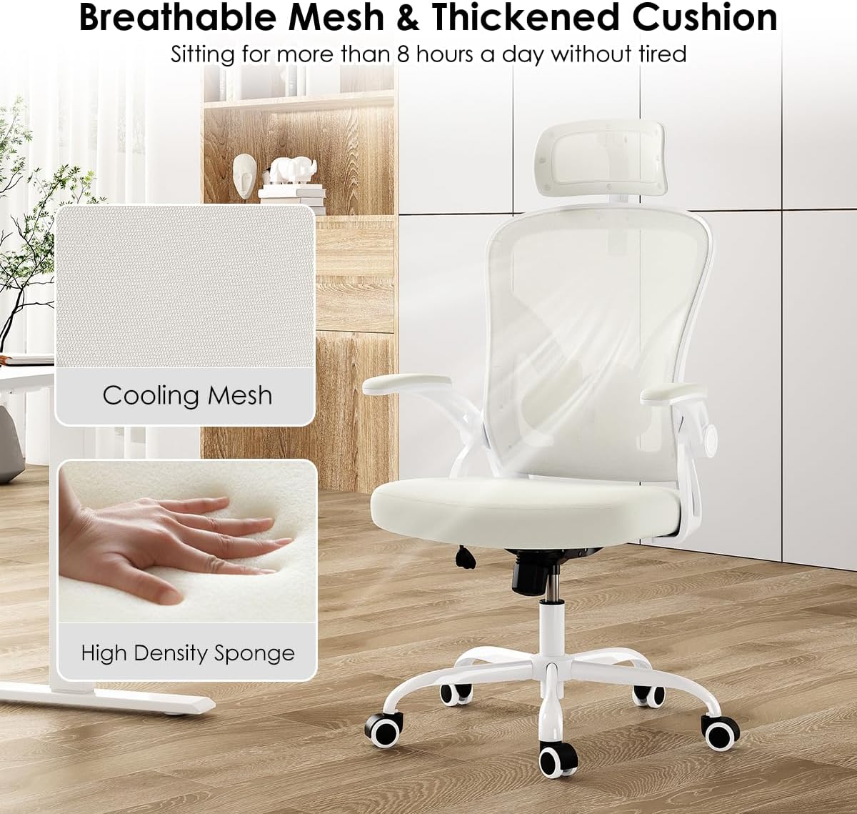 Farini Ergonomic Office Chair, Home Office Desk Chair with Headrest, High Back Swivel Computer Chair with Armrests and Adjustable Lumbar Support for Home Office Study Room, White & Beige