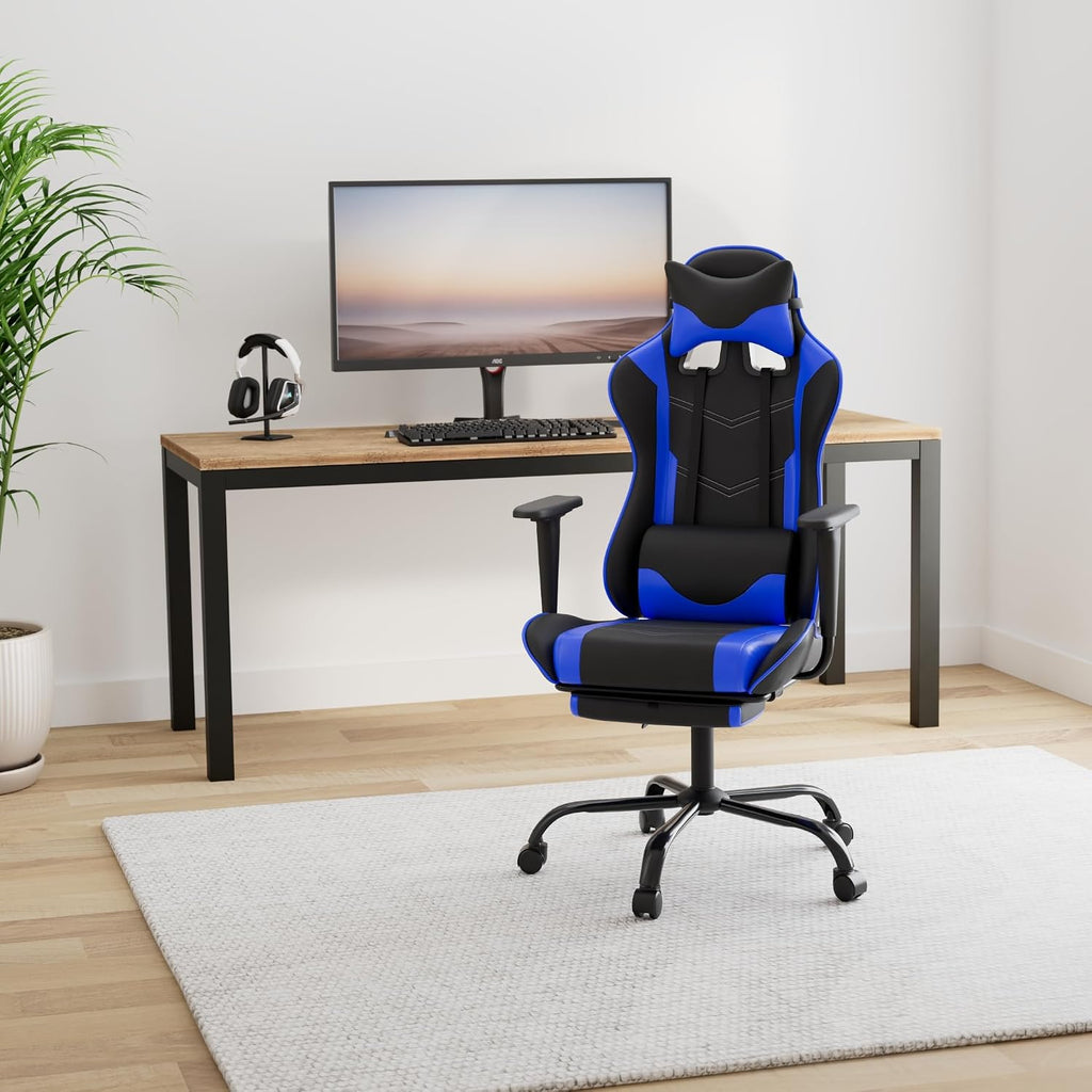 BestOffice | Ergonomic Gaming Chair | Blue | Reclining Computer Chair with Lumbar Support, Headrest Pillow, Adjustable Footrests | 360 Swivel with Heavy Duty Wheels | for Home & Office