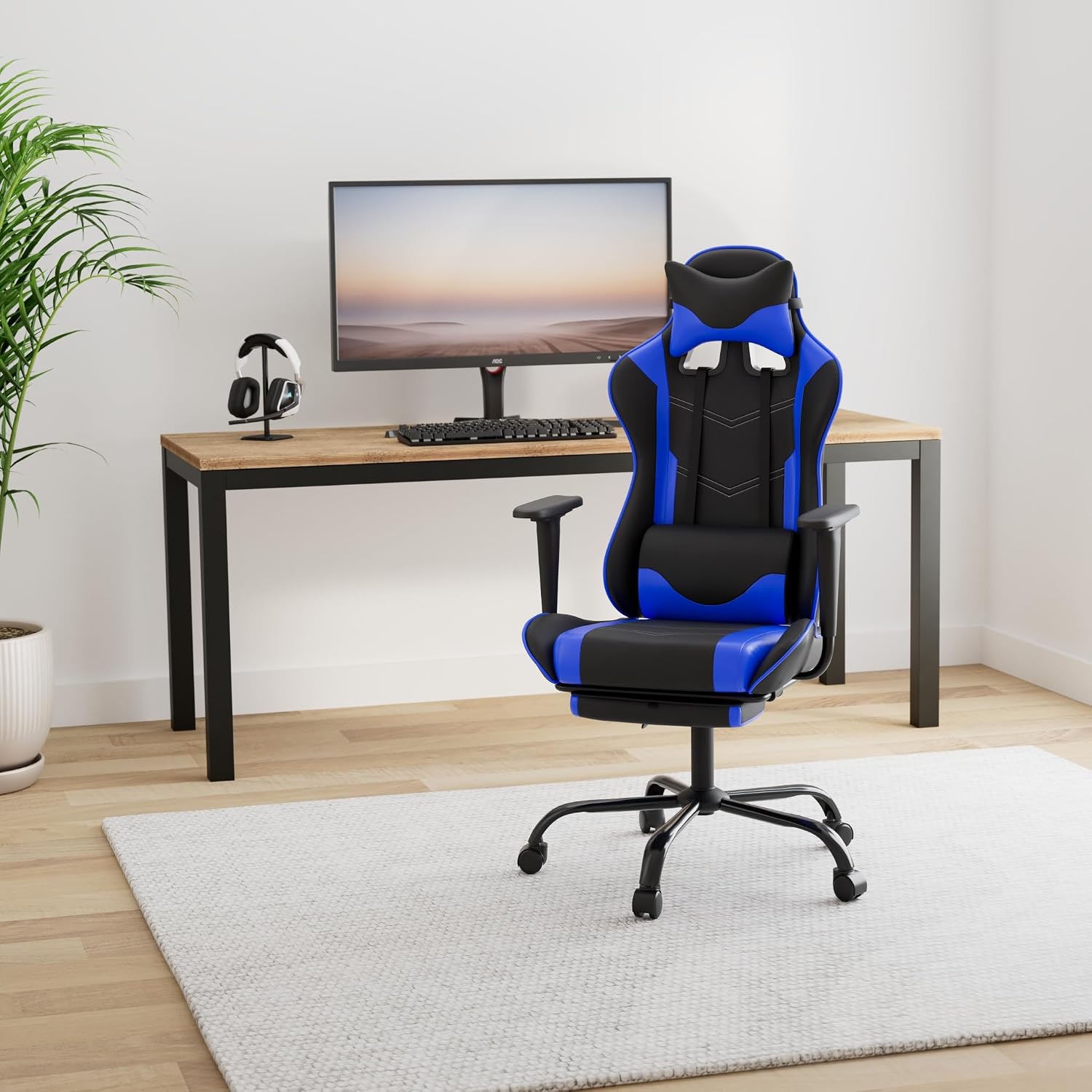 BestOffice | Ergonomic Gaming Chair | Blue | Reclining Computer Chair with Lumbar Support, Headrest Pillow, Adjustable Footrests | 360 Swivel with Heavy Duty Wheels | for Home & Office