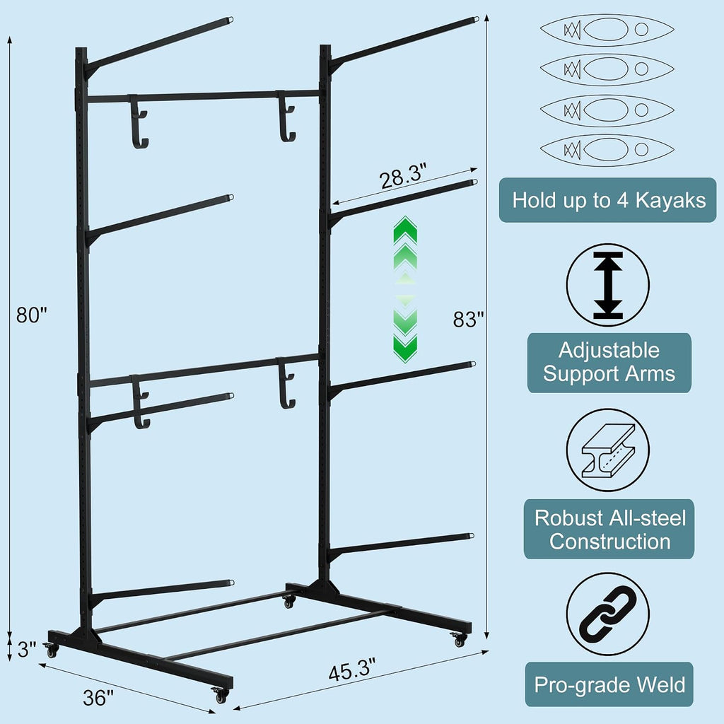 RELIANCER Freestanding Kayak Storage Rack w/Wheel,Adjustable Kayak Stand for Boat Dock,Garage,Indoor & Outdoor Canoe and Kayaks Holder,Water Sport Watercraft Storage Rack for SUP,Surfboard
