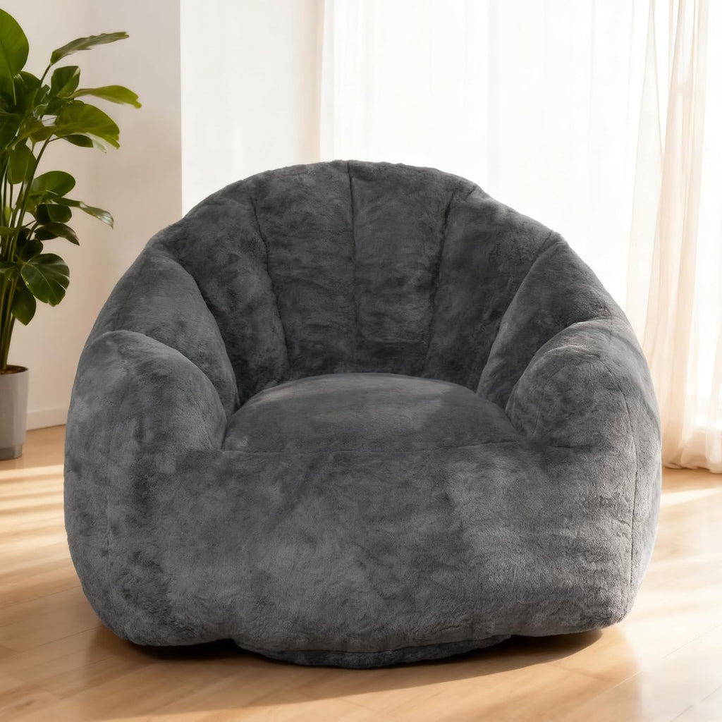 Bean Bag Chair, Giant Beanbag Chiars for Adults, Faux Fur Shell-Shaped Floor Sofa with Filler, Comfy Chair for Reading, Gaming and Relax (Grey)