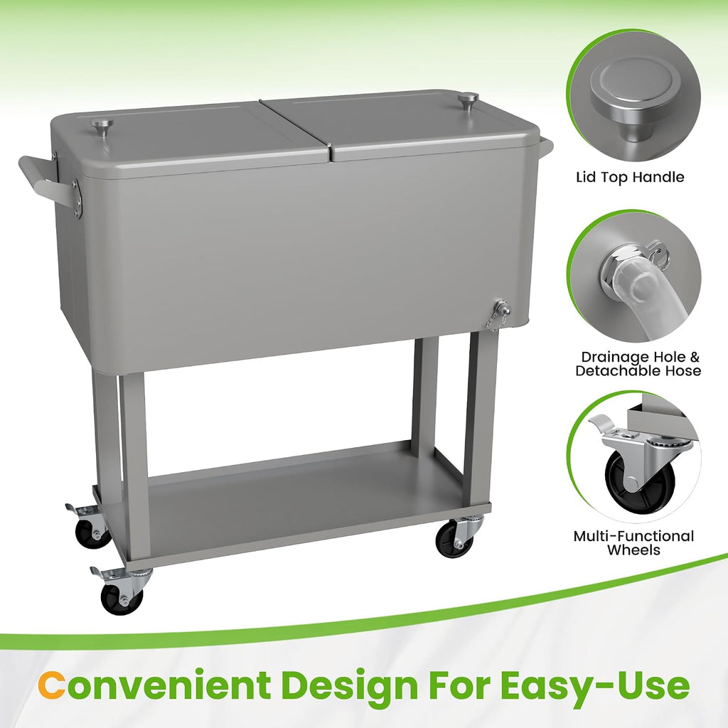 80 Quart Rolling Ice Chest Cooler Cart with Shelf, Heavy Duty Insulated Cooler Box on Wheels with Drain Plug, Weather Resistant Outdoor Party BBQ Drink Cart