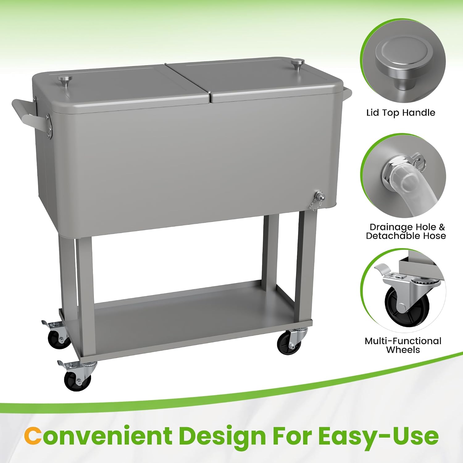80 Quart Rolling Ice Chest Cooler Cart with Shelf, Heavy Duty Insulated Cooler Box on Wheels with Drain Plug, Weather Resistant Outdoor Party BBQ Drink Cart
