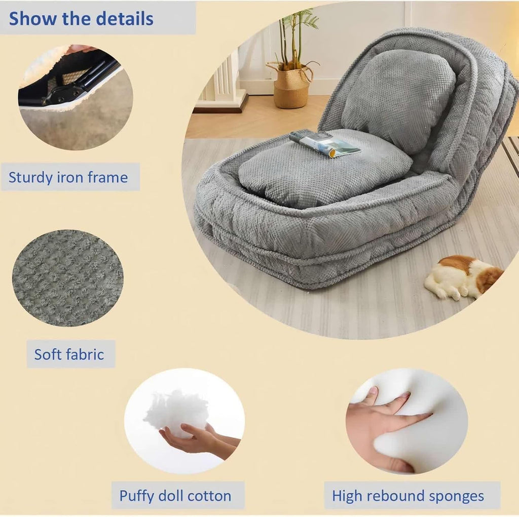 Floor Chair with Back Support, Folding Sofa Chair with 5 Adjustable Position, Plush Floor Gaming Chair, Meditation Chair for Lazy Boys, Human Dog Bed for Living Room, Bedroom, Lounge, Grey