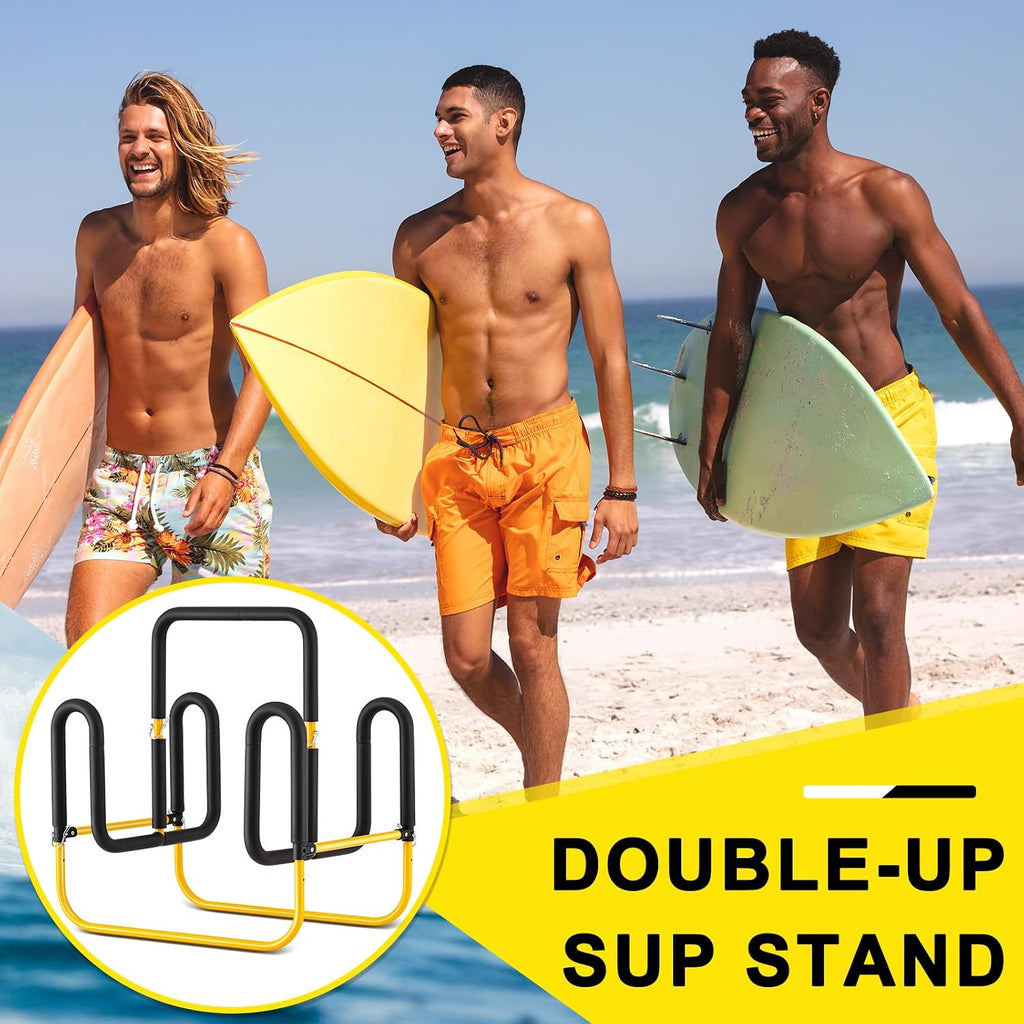 Gisafai Double Up Sup Stand, Holds 2 Standing up Paddle Boards, Freestanding Paddleboard Dock Storage Rack Heavy Duty Metal Surfboard Stand Paddle Board Holder for Floor Outdoor Garage, Yellow