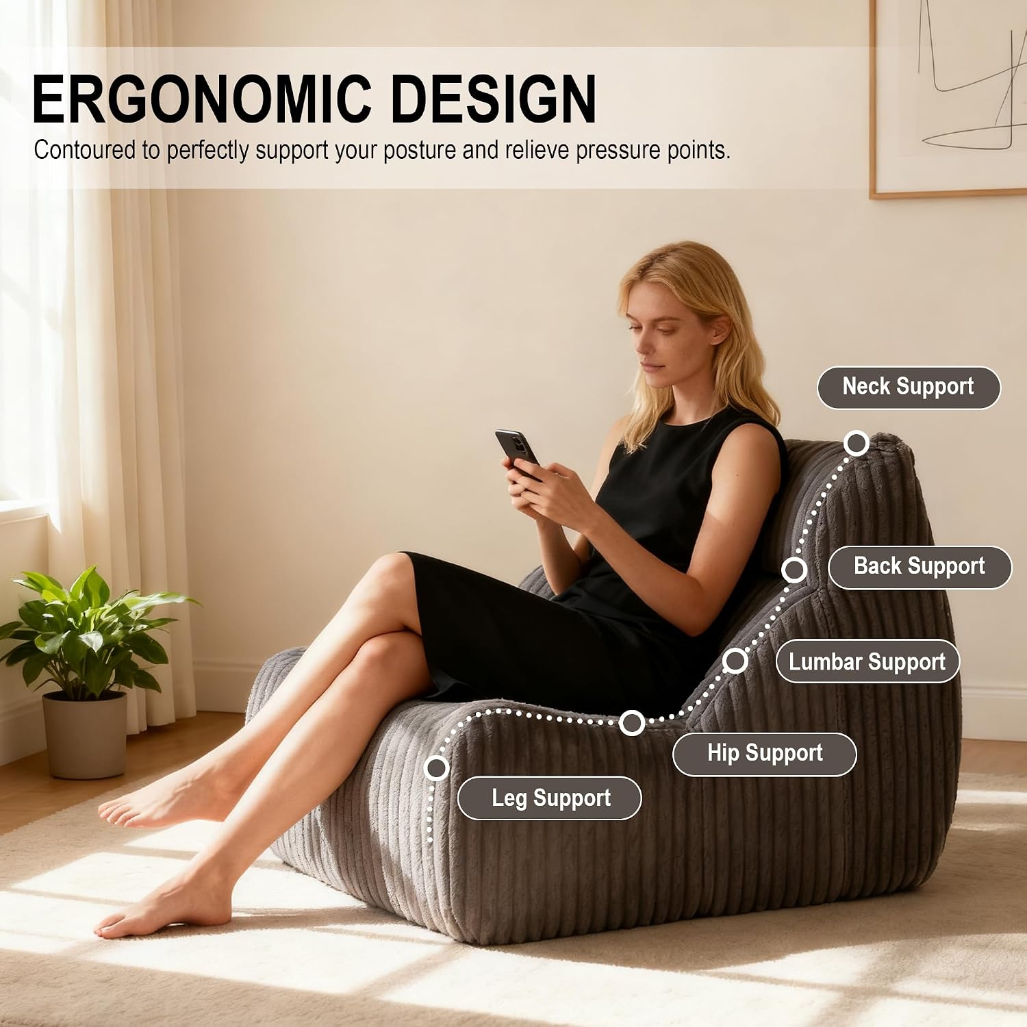 Bean Bag Chairs for Adults, Giant Bean Bag Chair, Memory Foam Lounge Chair, Comfy Lazy Floor Chair, Bean Bag Sofa for Living Room, Bedroom and Office, Single Bean Bag (Grey)