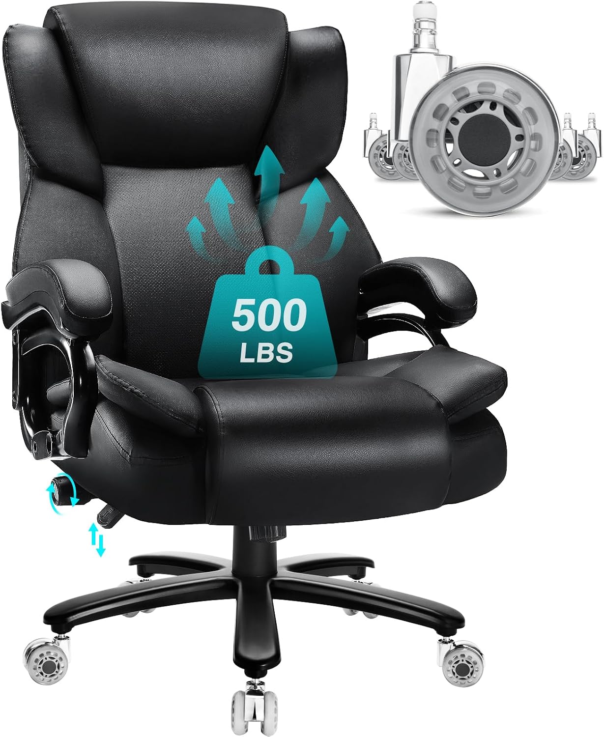 Indulgear 500lbs Big and Tall Office Chair with Dual Rubber Wheel, Heavy Duty Office Chair for Low Back Pain Relief, Large Executive Desk Chair with Adjustable Lumbar Support