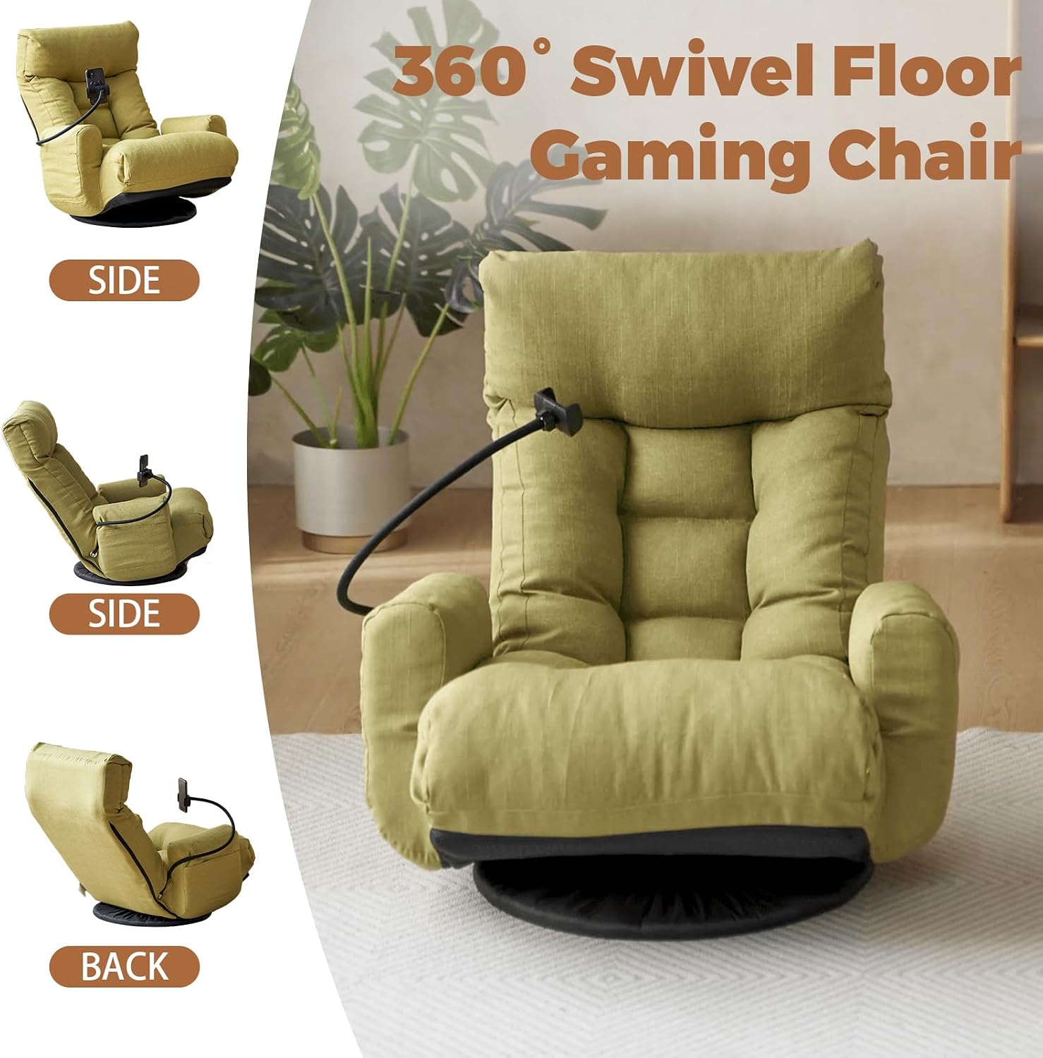 360° Swivel Floor Green Gaming Chair Linen Folding Lounge Sofa Chair with Adjustable Head and Waist, Armrests & Phone Holder, Padded Cushion Leisure Chairs for Living Room Bedroom