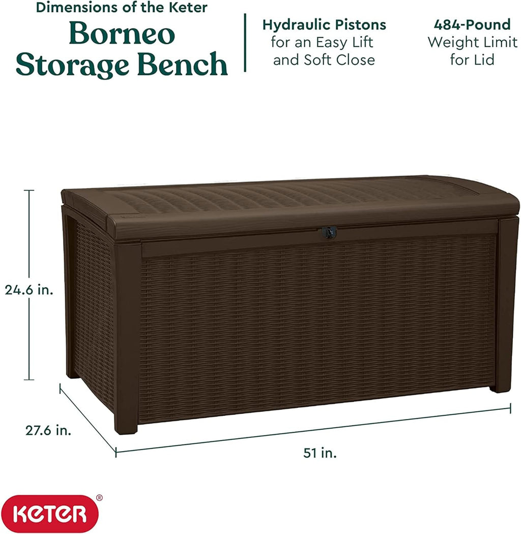 Keter Unity 40 Gallon Stainless Steel Top Grilling Bar Cart with Borneo 110 Gallon Plastic Outdoor Furniture Storage Deck Box, Brown