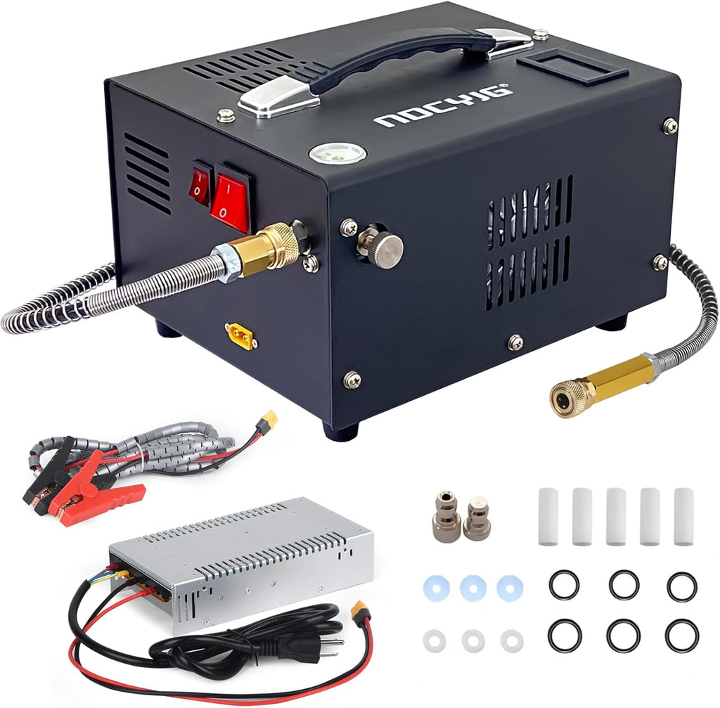 Pcp air compressor 4500PSI Portable Pcp Compressor 12V Dc/110V Ac Pcp Airgun Compressor Manual-stop w/External Power Adapter Built-in Fan Suitable for Paintball Air Rifle Scuba Bottle