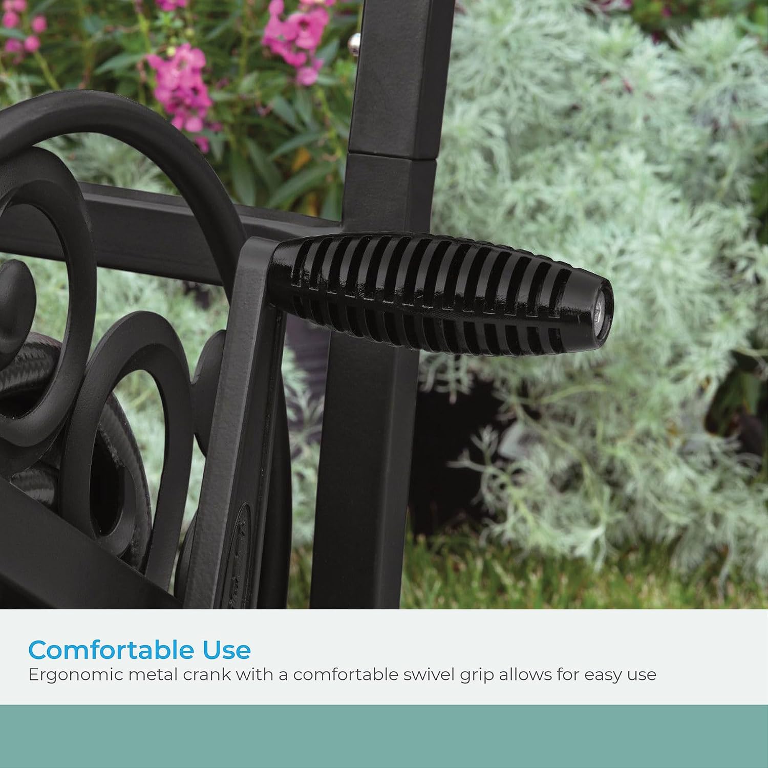 Suncast Metal Decorative 200' Hose Cart with Flat-Free Wheels and Foot Caps, Stylish Garden Hose Reel Cart for 200' of Standard Vinyl Hose