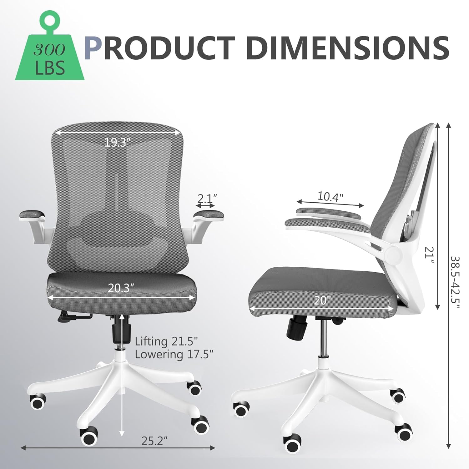 300 LBS Ergonomic Office Computer Mesh Chair - Adjustable Height Rolling Desk Chair with Flip-Up Armrests & High Back Support - Comfortable Swivel Task Chair for Home Office
