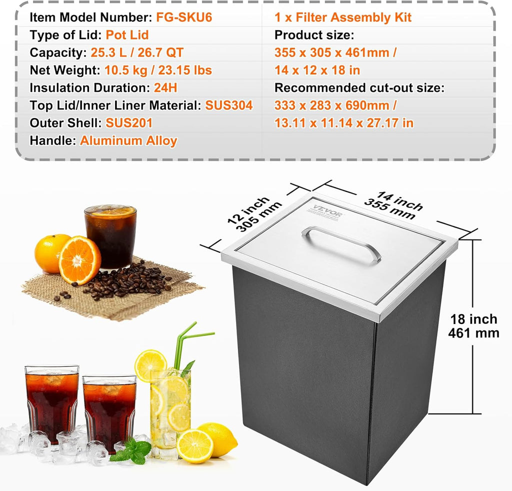 VEVOR Drop in Ice Chest, 14' L x 12' W x 18' H Stainless Steel Ice Cooler, Commercial Ice Bin with Cover, 40 qt Outdoor Kitchen Ice Bar, Drain-Pipe and Drain Plug Included, for Cold Wine Beer