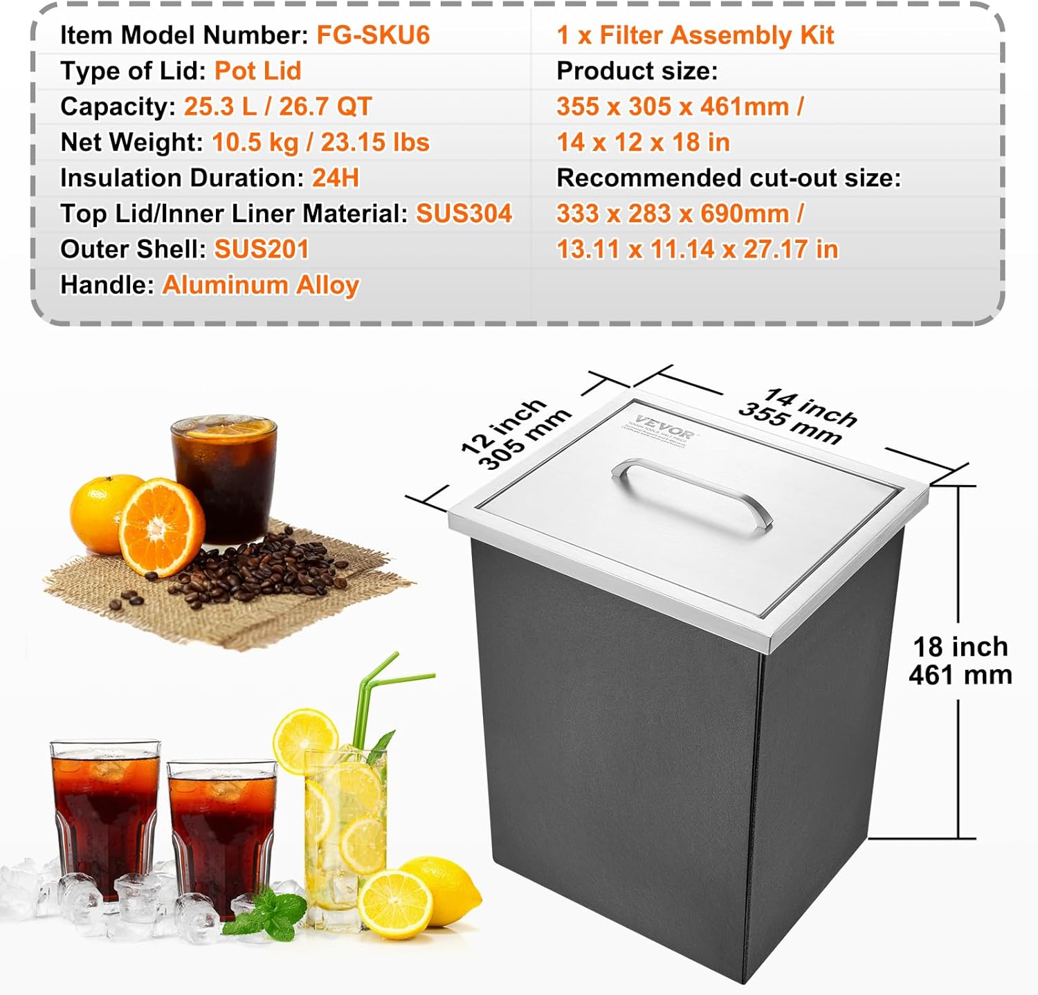 VEVOR Drop in Ice Chest, 14' L x 12' W x 18' H Stainless Steel Ice Cooler, Commercial Ice Bin with Cover, 40 qt Outdoor Kitchen Ice Bar, Drain-Pipe and Drain Plug Included, for Cold Wine Beer