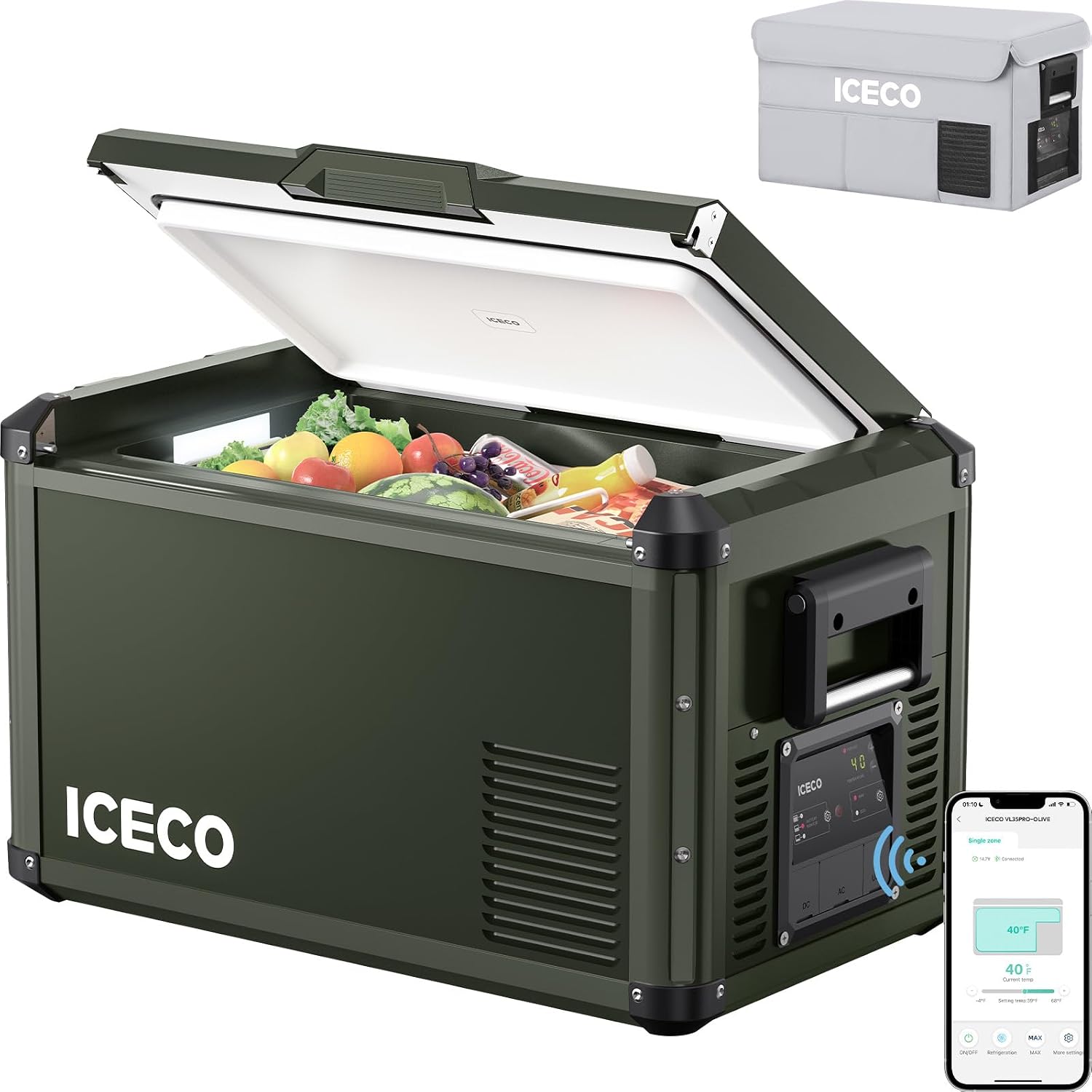 ICECO VL35 ProS Portable Fridge with Multi-directional Lid, 35 Liters 12V Refrigerator Freezer with SECOP Compressor, 0℉-50℉, DC 12/24V, AC 110-240V, for Camping, Car (VL35 ProS Olive Green+Cover)