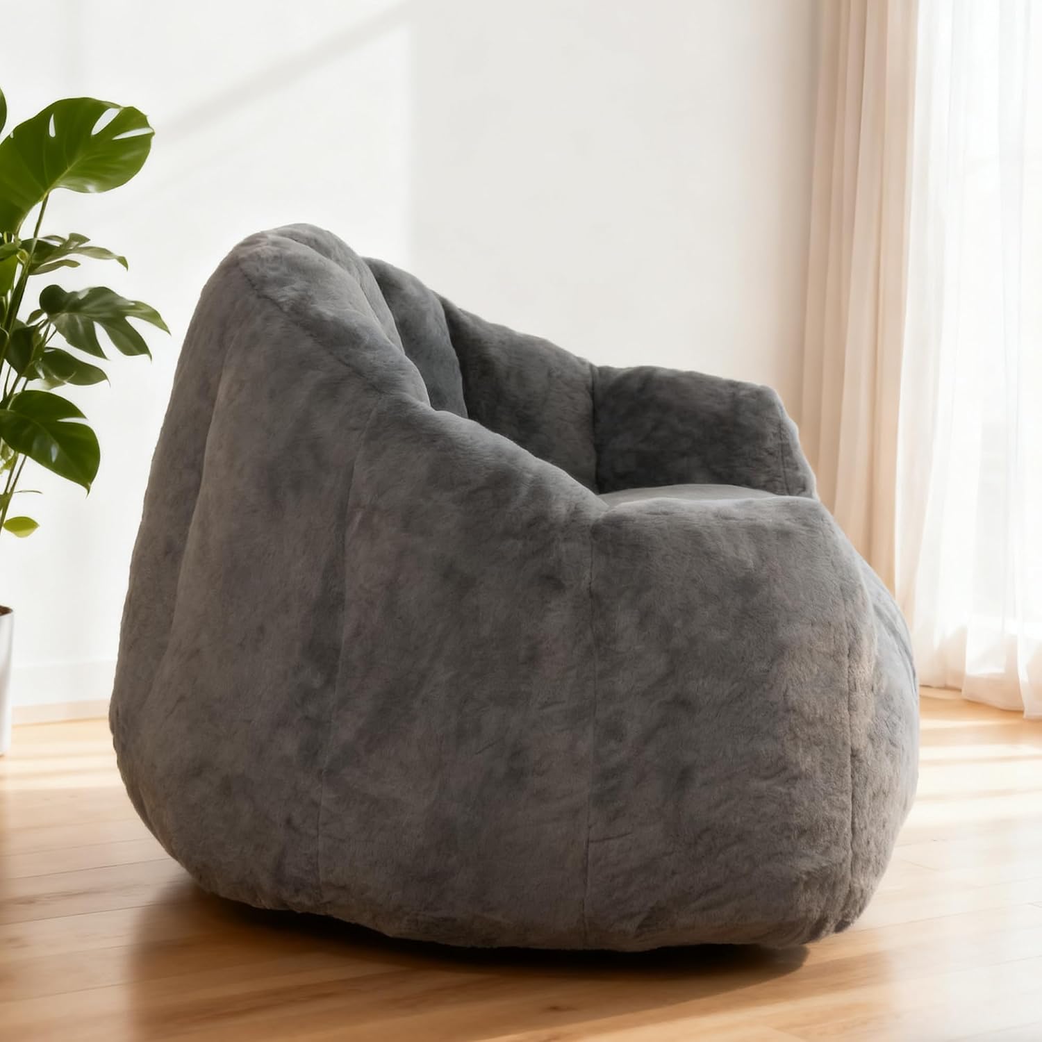 Bean Bag Chair, Giant Beanbag Chiars for Adults, Faux Fur Shell-Shaped Floor Sofa with Filler, Comfy Chair for Reading, Gaming and Relax (Grey)
