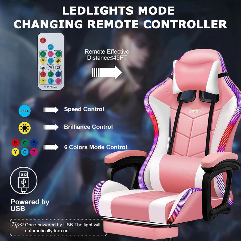 Video Gaming Chairs with LED Light, Bluetooth Speakers Computer Chair with Full Massage Lumbar Support, Ergonomic Pro Gaming Chair for Retractible Footrest and Backrest Adjustable,Black
