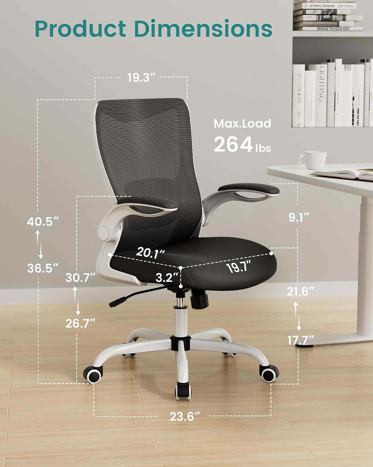 MUXX.STIL Office Chair, Ergonomic Desk Chair with Adjustable Lumbar Support and Flip up Armrest, Breathable Mesh Computer Chair for Home Office, White