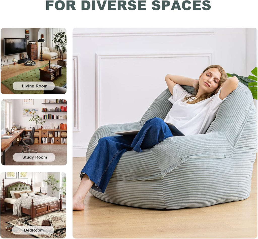 Giant Bean Bag Chair with Armrests - Oversized Cozy Seating for Adults, Corduroy Fabric & High-Resilience Foam Filling, Ideal Lounge for Living Room, Bedroom & Gaming Room (Mint Green)