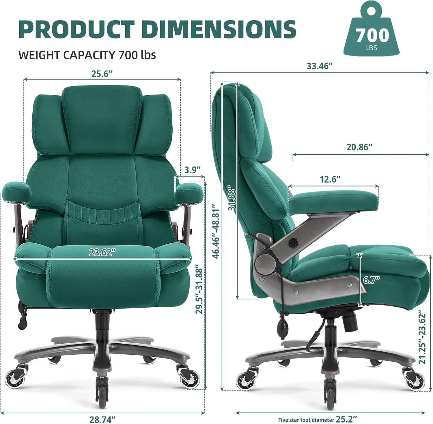 VUZI 700LBS Large Heavy Duty Office Chair with 3D Flip Arms, Big and Tall Plus Size Fabric Executive Desk Chairs, High Back Extra Wide Computer Chair with Adjustable Lumbar Support, Sturdy Metal Base