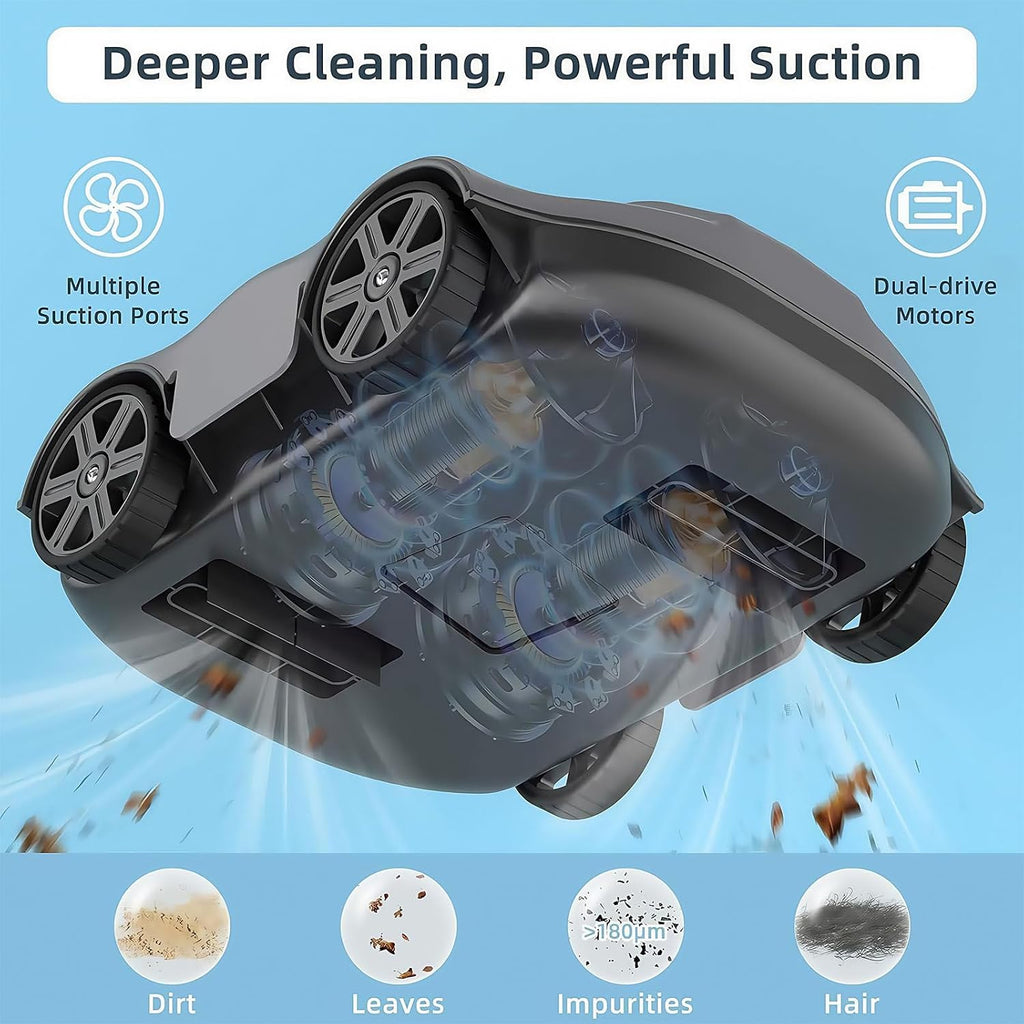 Smart Pool Robot, Above Ground Pool Cleaning Machine, Intelligent Path Planning and Cordless Design, Lasts 130 Minutes, Suitable for Above Ground Pools Up to 1076 Square Feet,Grey