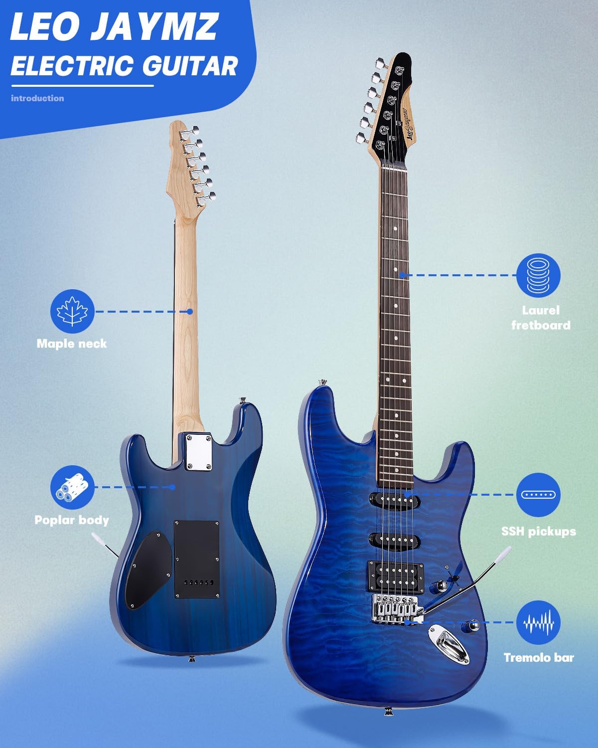 Leo Jaymz 39' Full Size ST Style Electric Guitar Starter Kit with SSH Pickup, 5W Portable Amp, Tuner, Gig Bag, Strap & Accessories (Blue Ocean 5W)