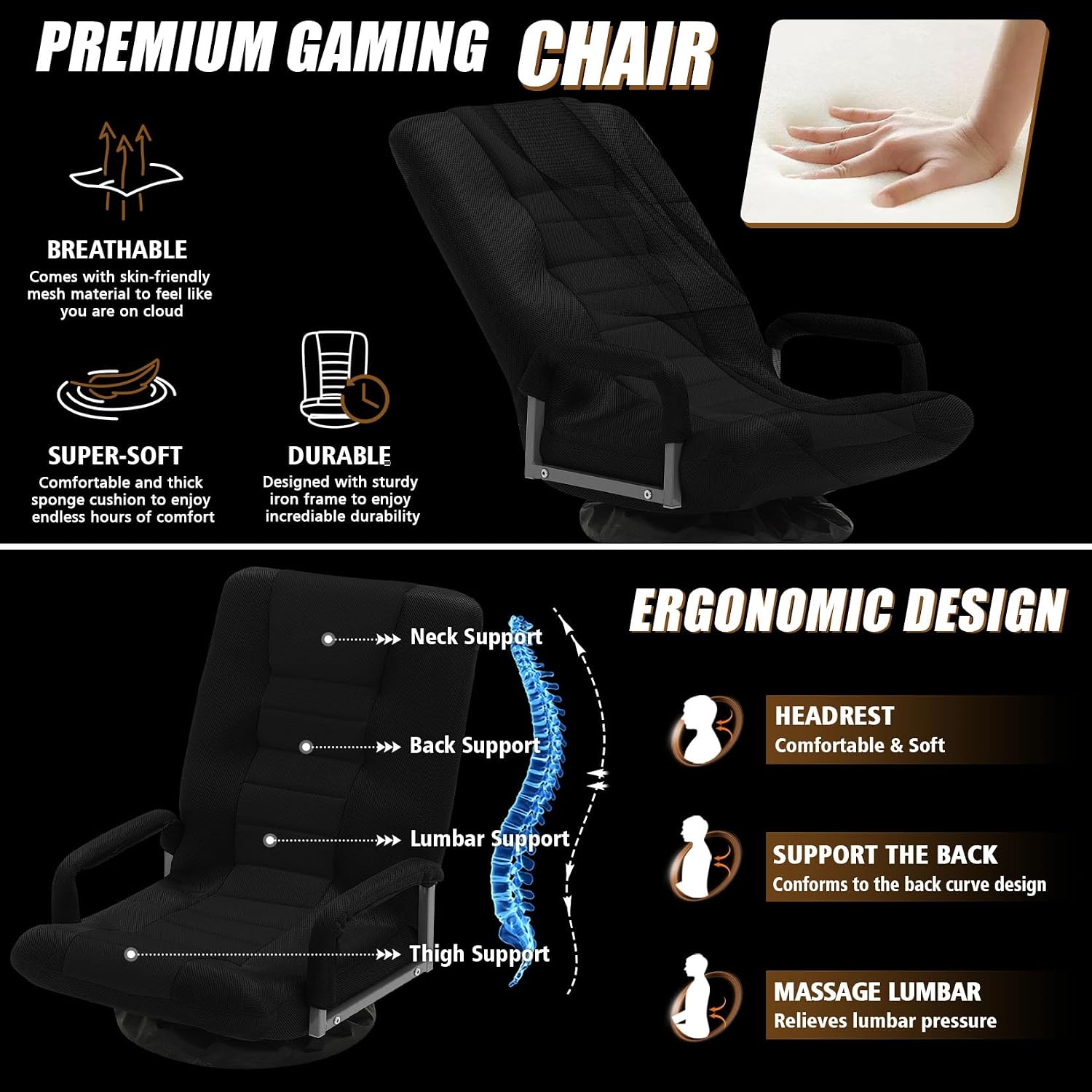Swivel Gaming Chair Multipurpose 2PACK Floor Gaming Chair for Playing Video Games, TV, Reading w/Armrest Lumbar Support & 6 Adjustable Postion Backrest for Adults, Black