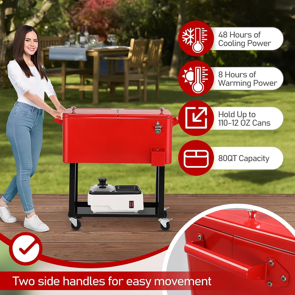 Outvita 80 Quart Rolling Ice Chest, Portable Bar Drink Cooler with Catch Basin, Bottom Storage Tray and Bottle Opener for Patio Party BBQ Beach Activities