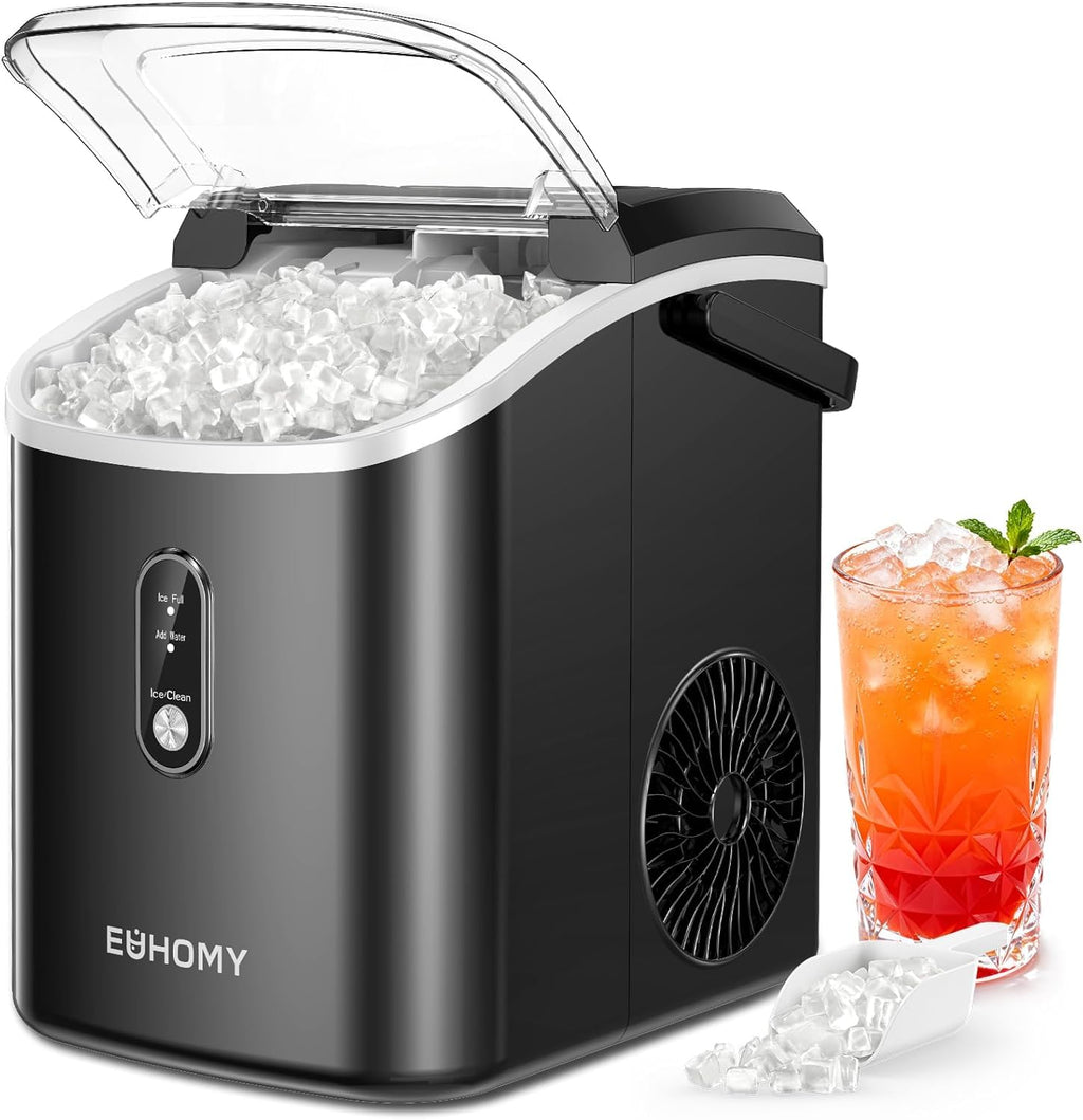EUHOMY Nugget Ice Maker Countertop with Handle, Ready in 6 Mins, 34lbs Per Day, Removable Top Cover, Self-Cleaning, Portable Sonic Ice Maker with Basket and Scoop, for Home/Party/RV/Camping(Black)