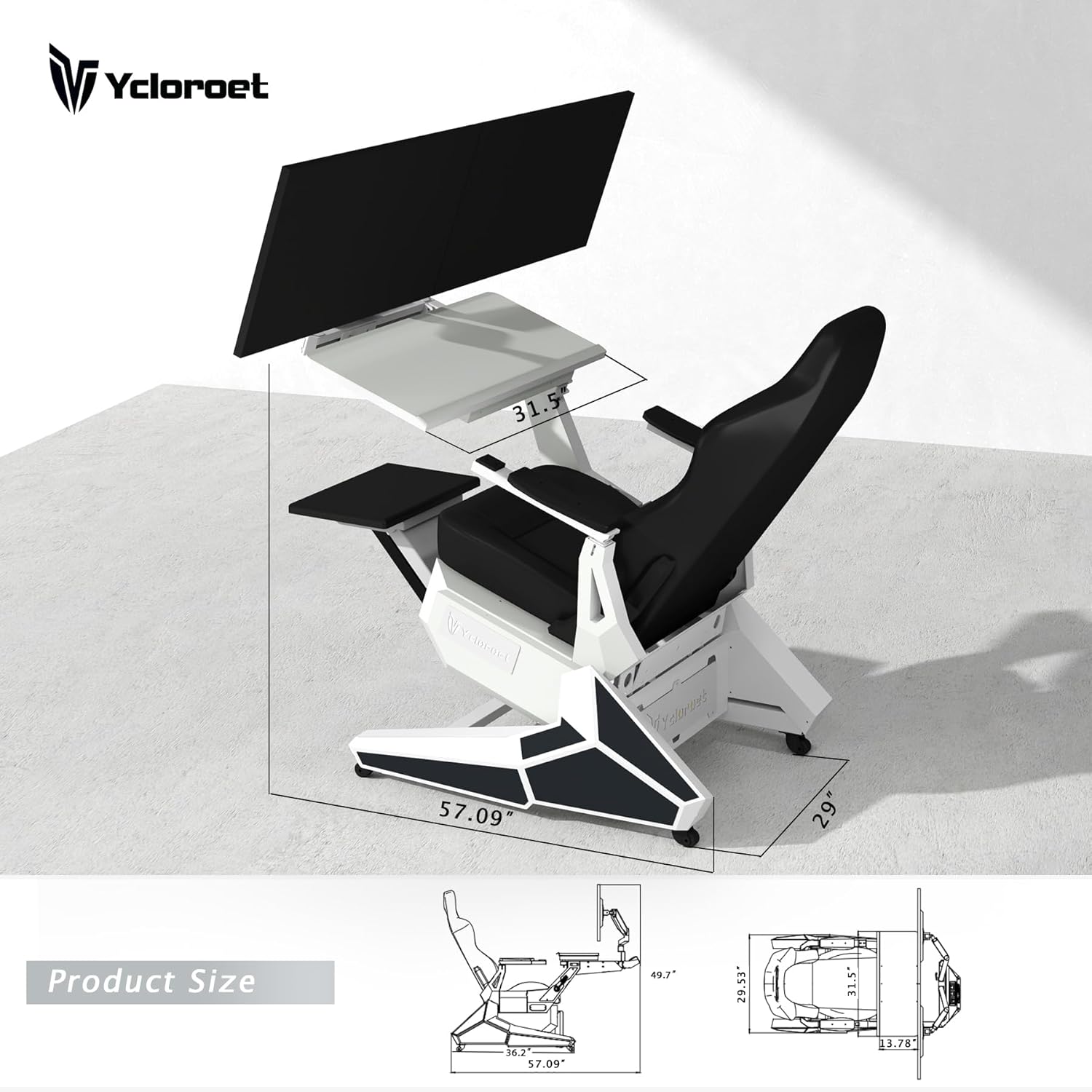 White Zero Gravity Scorpion Gaming Chair Cockpit with Dual Monitor Arm, 165° Reclining 441LB Load Ergonomic Office Chair, Space-Saving Mobile Workstation for PC, PS5, Xbox
