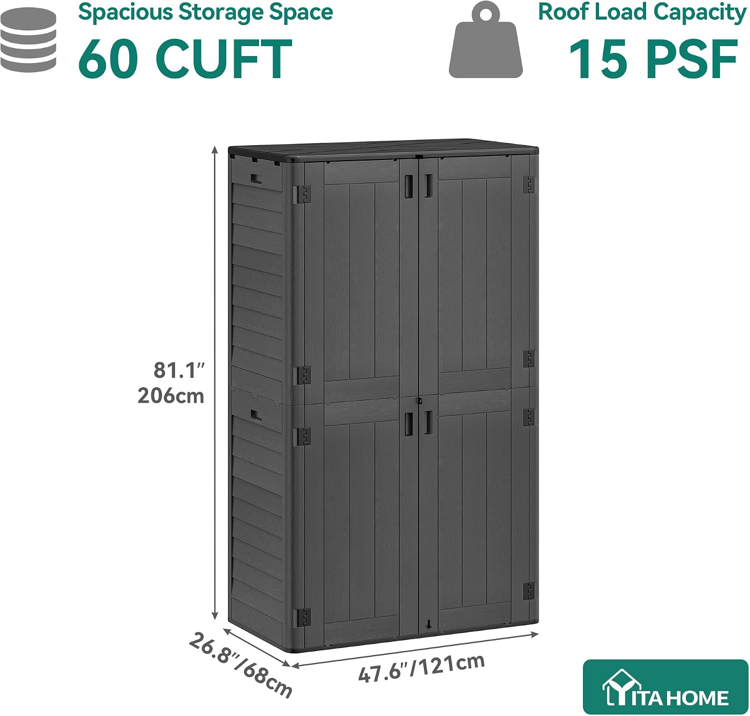 YITAHOME 60 cu ft Tall Outdoor Storage Shed w/o Shelf, Resin Vertical Outdoor Storage Shed, Large Waterproof Storage Cabinet for Garage, Poolside, and Garden (Dark Gray + Black)