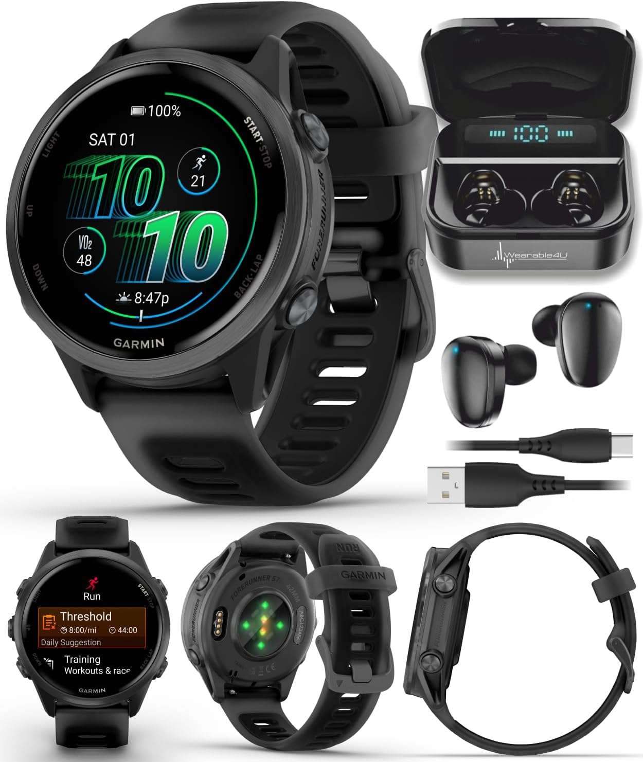 Garmin Forerunner 570 42mm Advanced GPS Running & Triathlon Smartwatch, AMOLED Display, Slate Gray Aluminum, Translucent Black & Black Band w/ Wearable4U BLK Earbuds Bundle