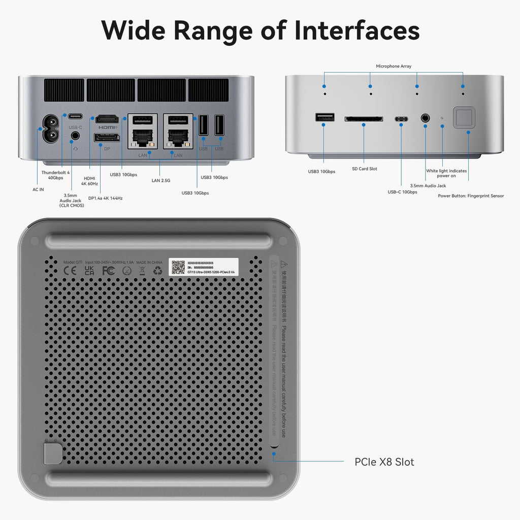Beelink GTi13 Mini PC, Intel Core i9 13900HK (up to 5.4GHz) 14C/20T, Mini Computer 32GB DDR5 5200MHz 1TB PCIe4.0 SSD, Triple Display HDMI&DP/Thunderbolt 4/4K 60Hz/WiFi6/BT5.2/NPU/AI/Built-in PSU