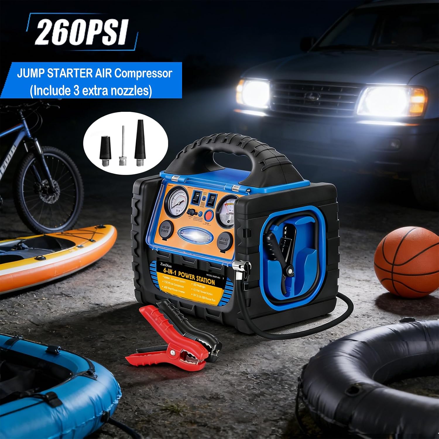 2200A Car Jump Starter with Air Compressor 260PSI, 12V Auto Battery Charger Jump Box for Car Battery Portable with 400W Inverter AC/DC/USB Output and LED Light