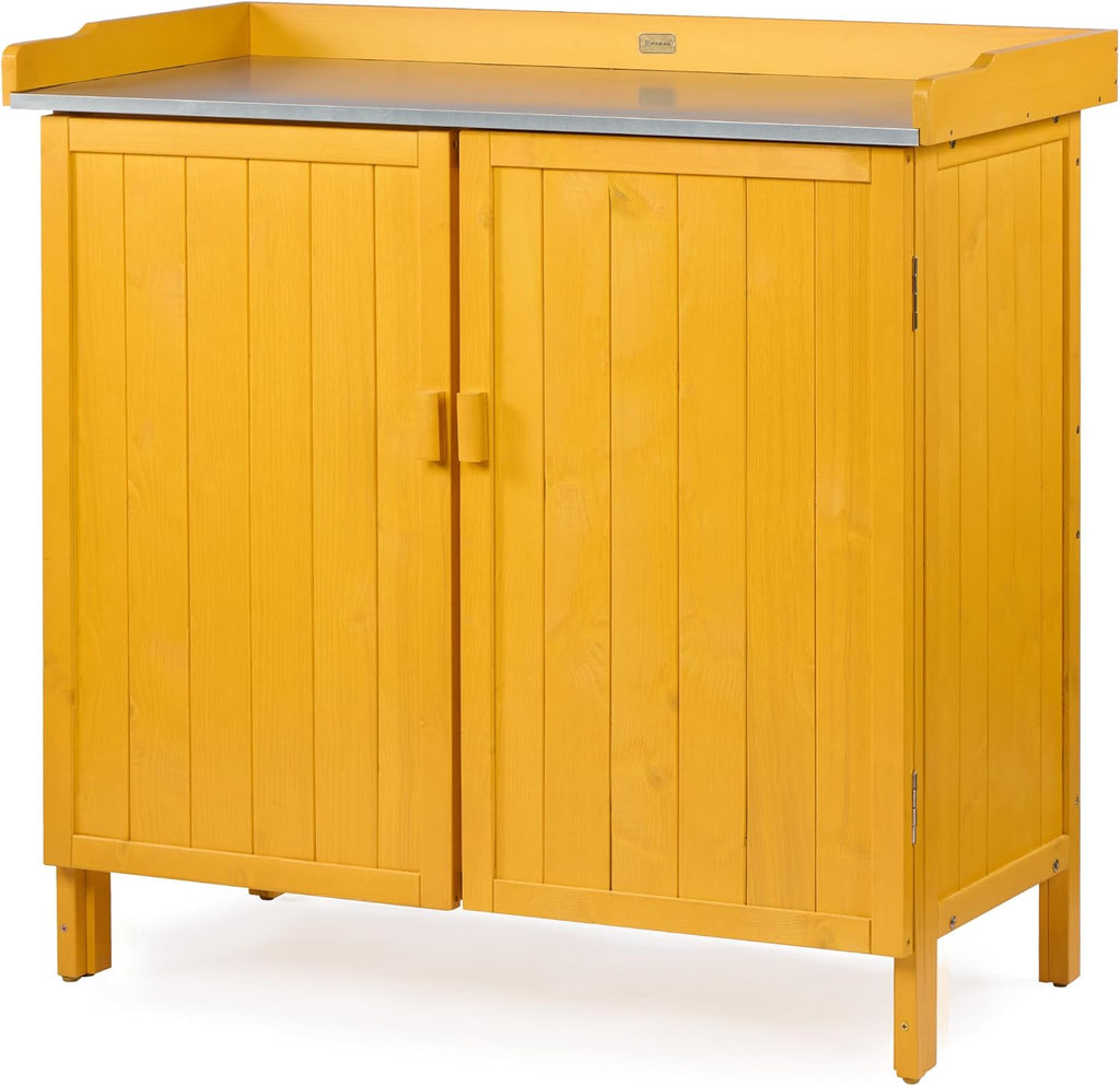HABAU Outdoor Storage Cabinet with Potting Bench & Metal Tabletop, Wooden Planting Workstation for Garden Patio, Weatherproof