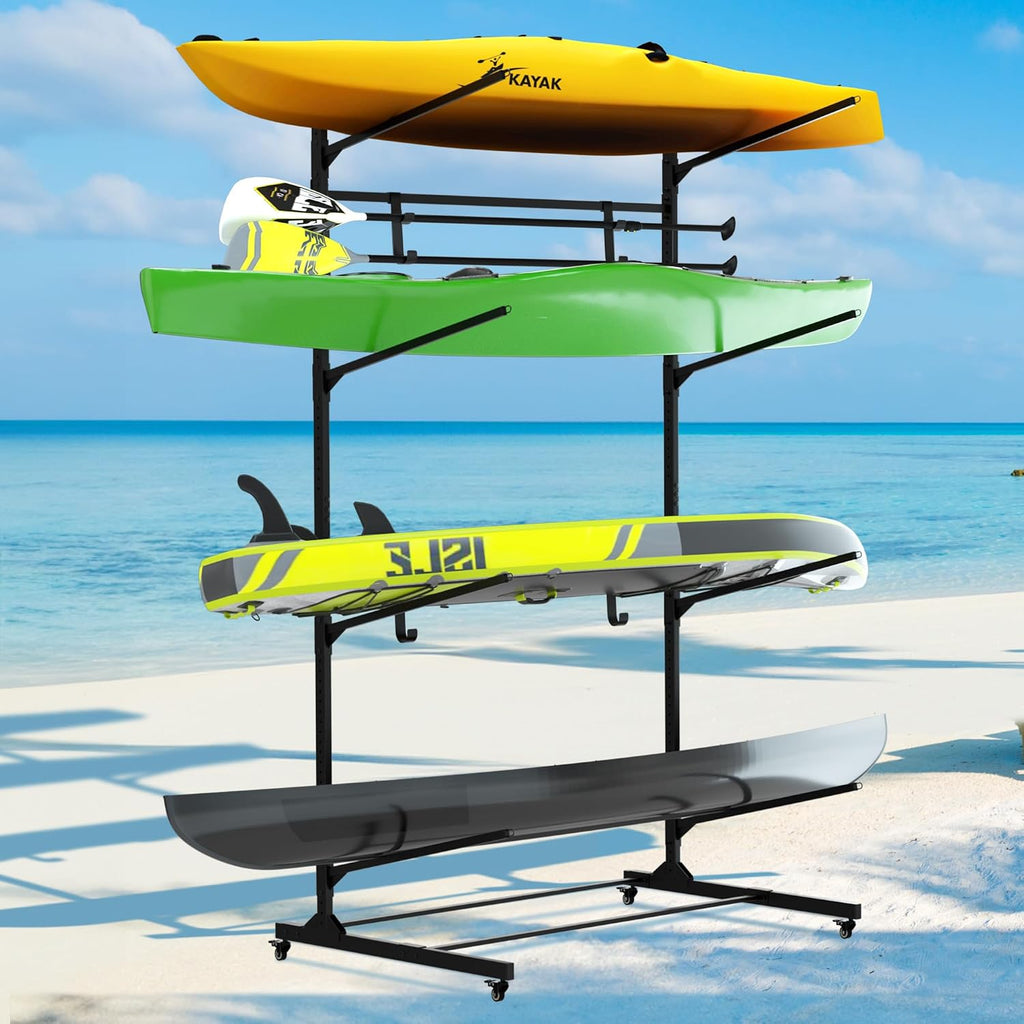 RELIANCER Freestanding Kayak Storage Rack w/Wheel,Adjustable Kayak Stand for Boat Dock,Garage,Indoor & Outdoor Canoe and Kayaks Holder,Water Sport Watercraft Storage Rack for SUP,Surfboard
