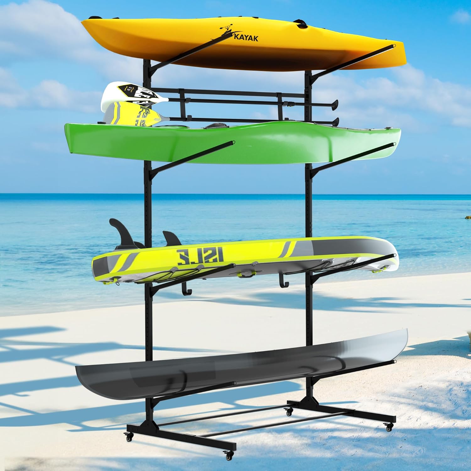 RELIANCER Freestanding Kayak Storage Rack w/Wheel,Adjustable Kayak Stand for Boat Dock,Garage,Indoor & Outdoor Canoe and Kayaks Holder,Water Sport Watercraft Storage Rack for SUP,Surfboard