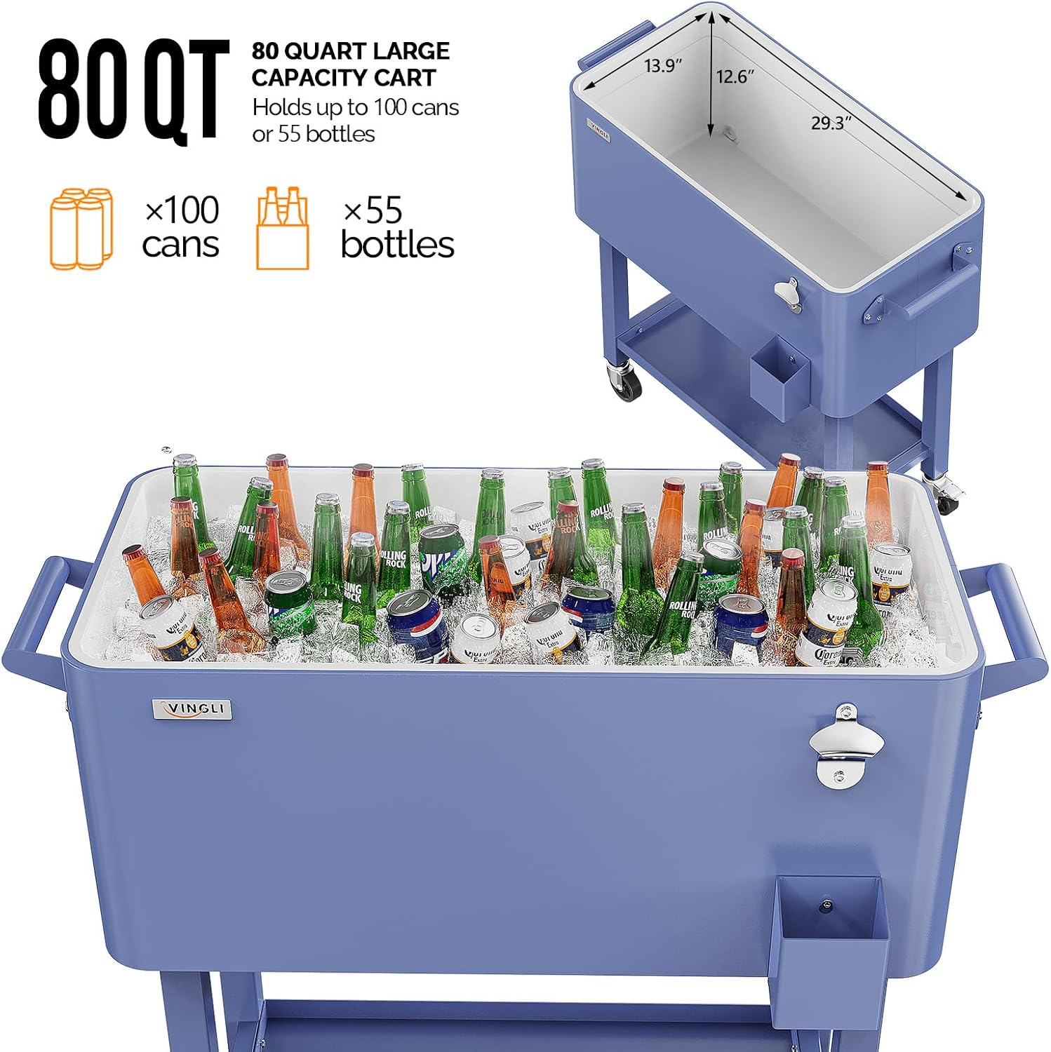 VINGLI Rolling Ice Chest, Portable Patio Party Bar Drink Cooler Cart, with Shelf, Beverage Pool with Bottle Opener