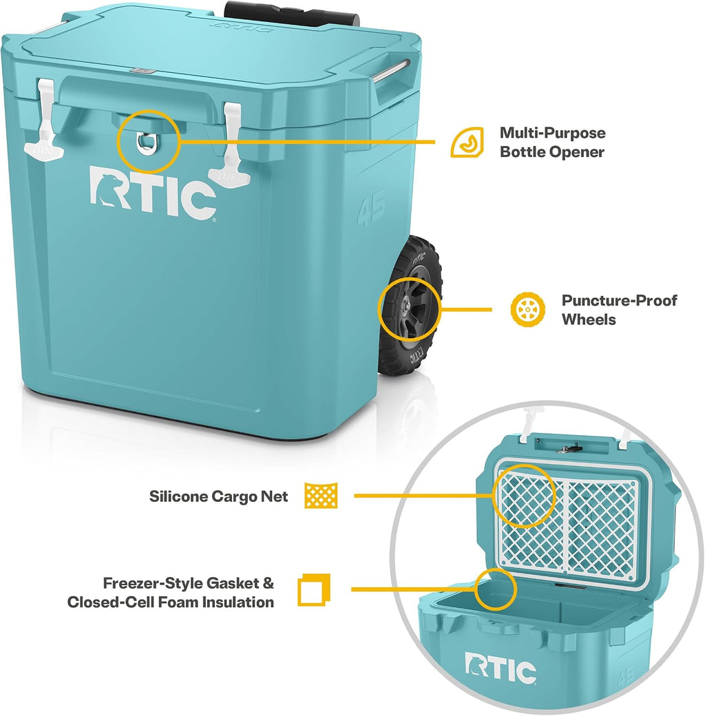 RTIC 45 QT Wheeled Ultra-Tough Cooler Hard Insulated Portable Ice Chest Box for Beach, Drink, Beverage, Camping, Picnic, Fishing, Boat, Barbecue, Rotomolded Construction