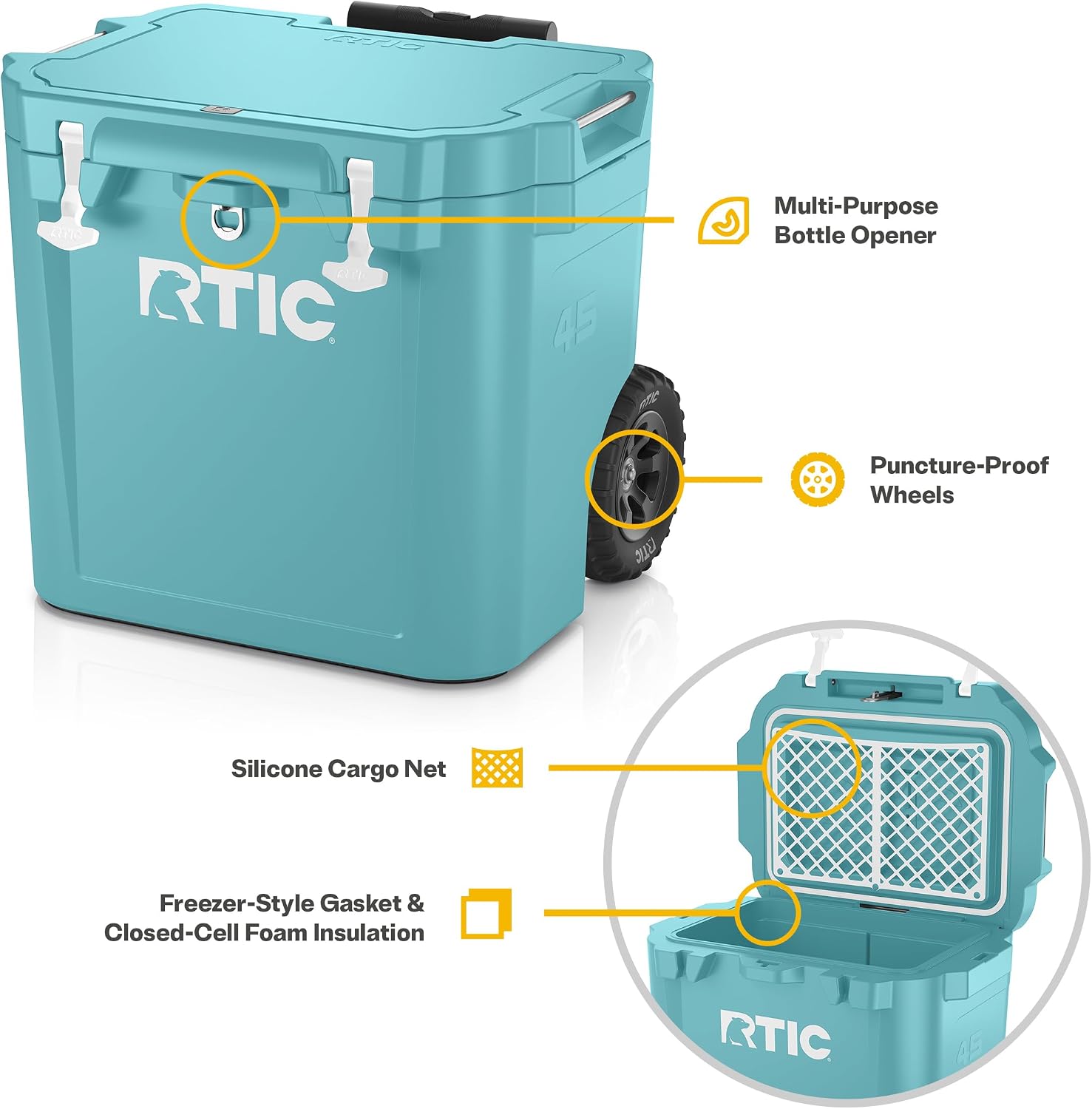 RTIC 45 QT Wheeled Ultra-Tough Cooler Hard Insulated Portable Ice Chest Box for Beach, Drink, Beverage, Camping, Picnic, Fishing, Boat, Barbecue, Rotomolded Construction