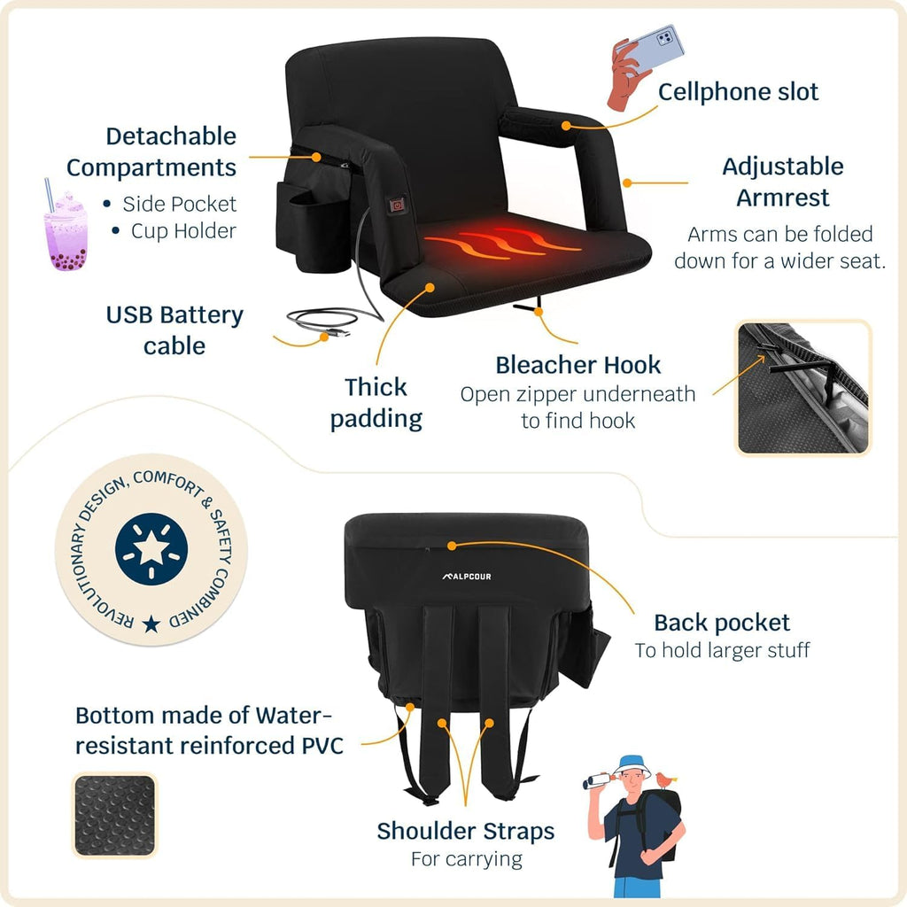 Alpcour Heated Reclining Stadium Seat for Bleachers – Wide Bleacher Chair with Back Support and Cushion, Armrests, Side Pockets, & Hook – Stadium Seats Chairs for Camping, Kayak, Paddle Board & More