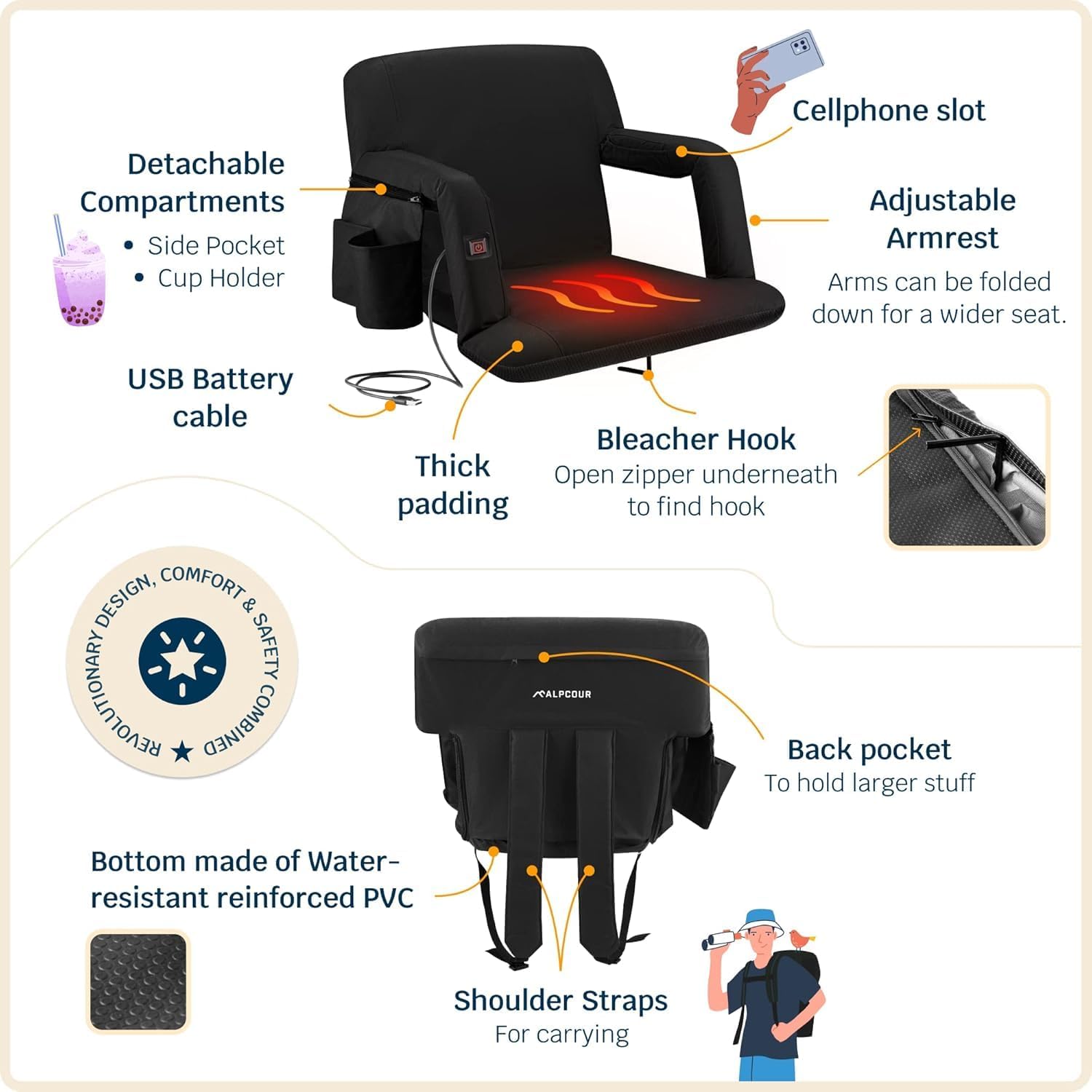 Alpcour Heated Reclining Stadium Seat for Bleachers – Wide Bleacher Chair with Back Support and Cushion, Armrests, Side Pockets, & Hook – Stadium Seats Chairs for Camping, Kayak, Paddle Board & More