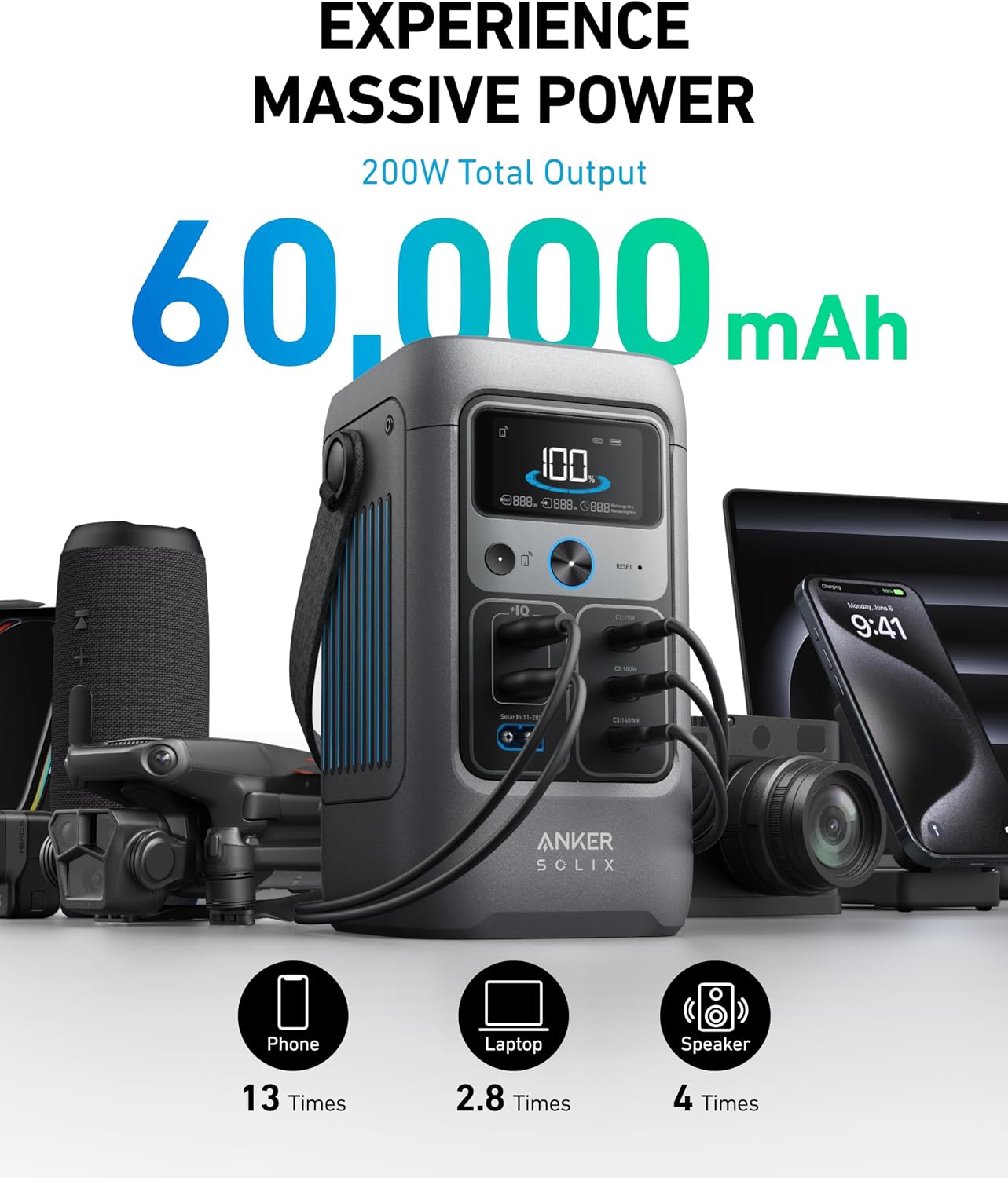 Anker SOLIX C200 DC Power Bank Station with Adjustable Strap, 192Wh Portable Power Station, LiFePO4 Battery, 200W Solar Generator, for Outdoor Camping, Traveling, and Emergencies.