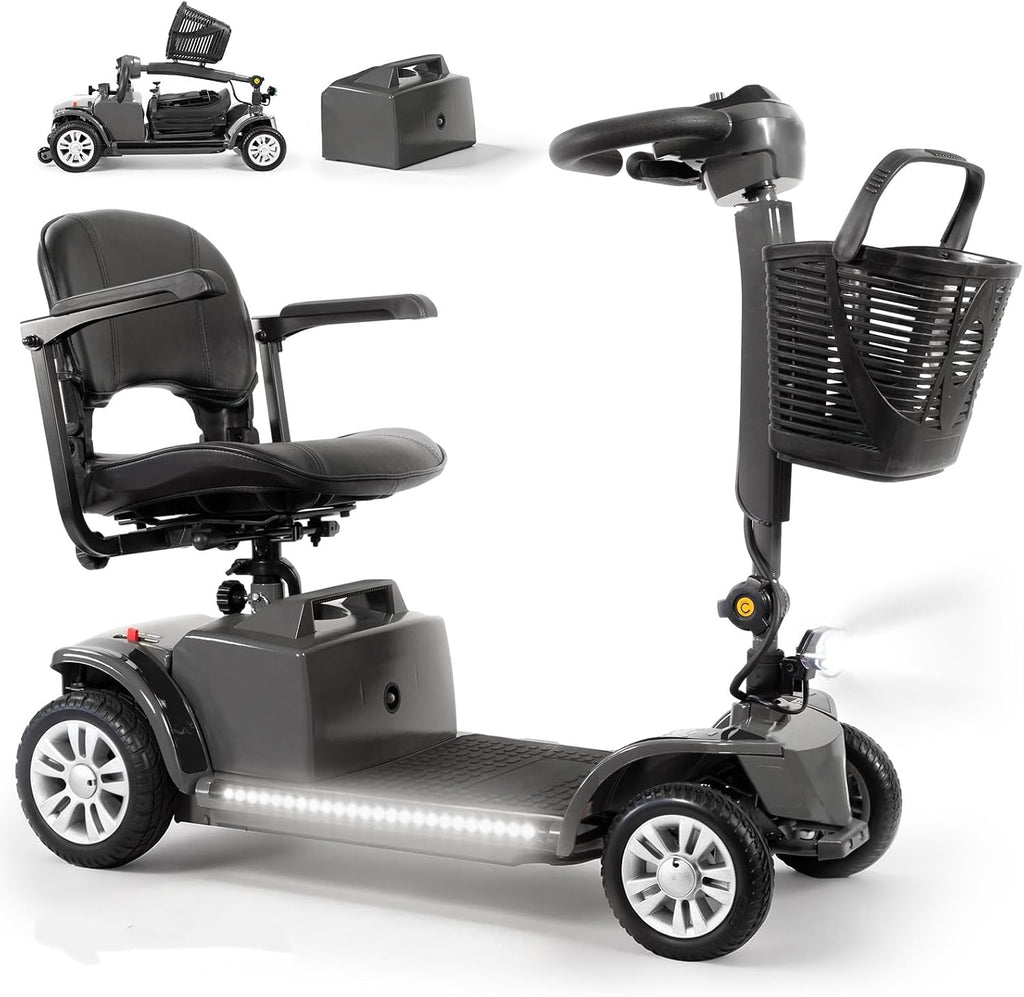 Mobility Scooter for Adults Senior,4 Wheels Electric Powered Scooter,Lightweight Mobility Scooter,with LED Headlights and Basket,Charger Included, Detachable Battery and Rotatable Seat (Grey-Black)