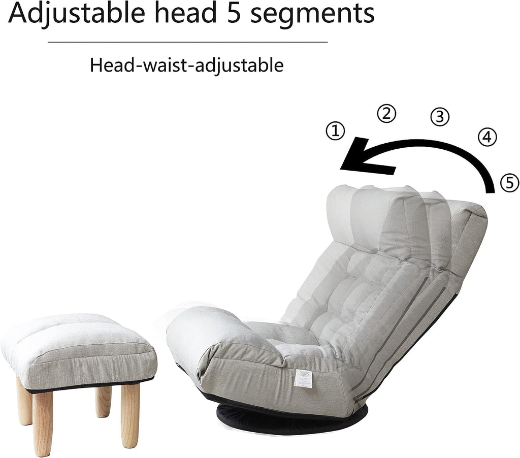 Yoglad Japanese Style Chaise Lounge Sofa 360-Degree Swivel Chair Floor Gaming Chair Lazy Sofa for Reading Game Meditating, 3 Adjustable Positions with Comfortable Backrest (Gray+Ottoman)