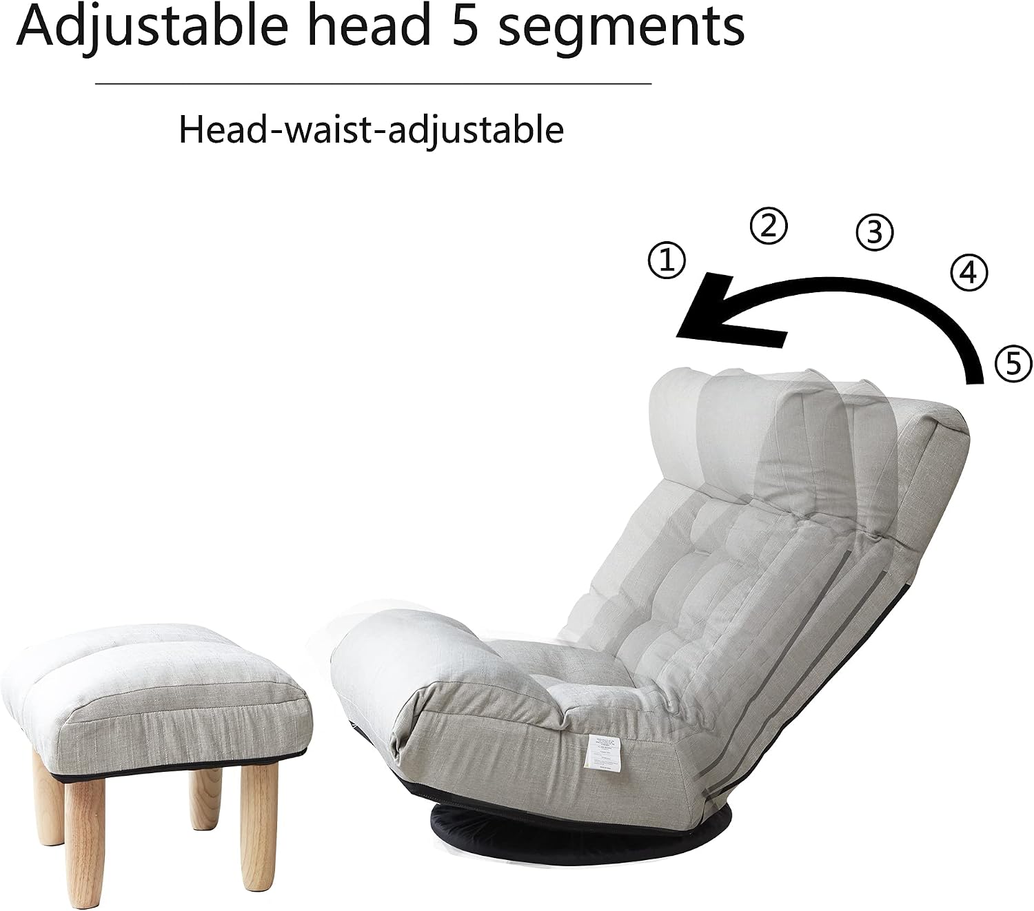 Yoglad Japanese Style Chaise Lounge Sofa 360-Degree Swivel Chair Floor Gaming Chair Lazy Sofa for Reading Game Meditating, 3 Adjustable Positions with Comfortable Backrest (Gray+Ottoman)