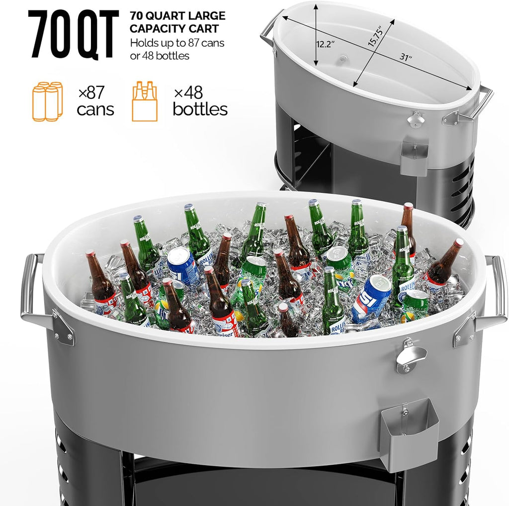 VINGLI Patio Cooler, Rolling Ice Chest on Wheels, Portable Patio Party Bar Drink Cooler Cart, with Shelf, Beverage Pool with Bottle Opener,Water Pipe