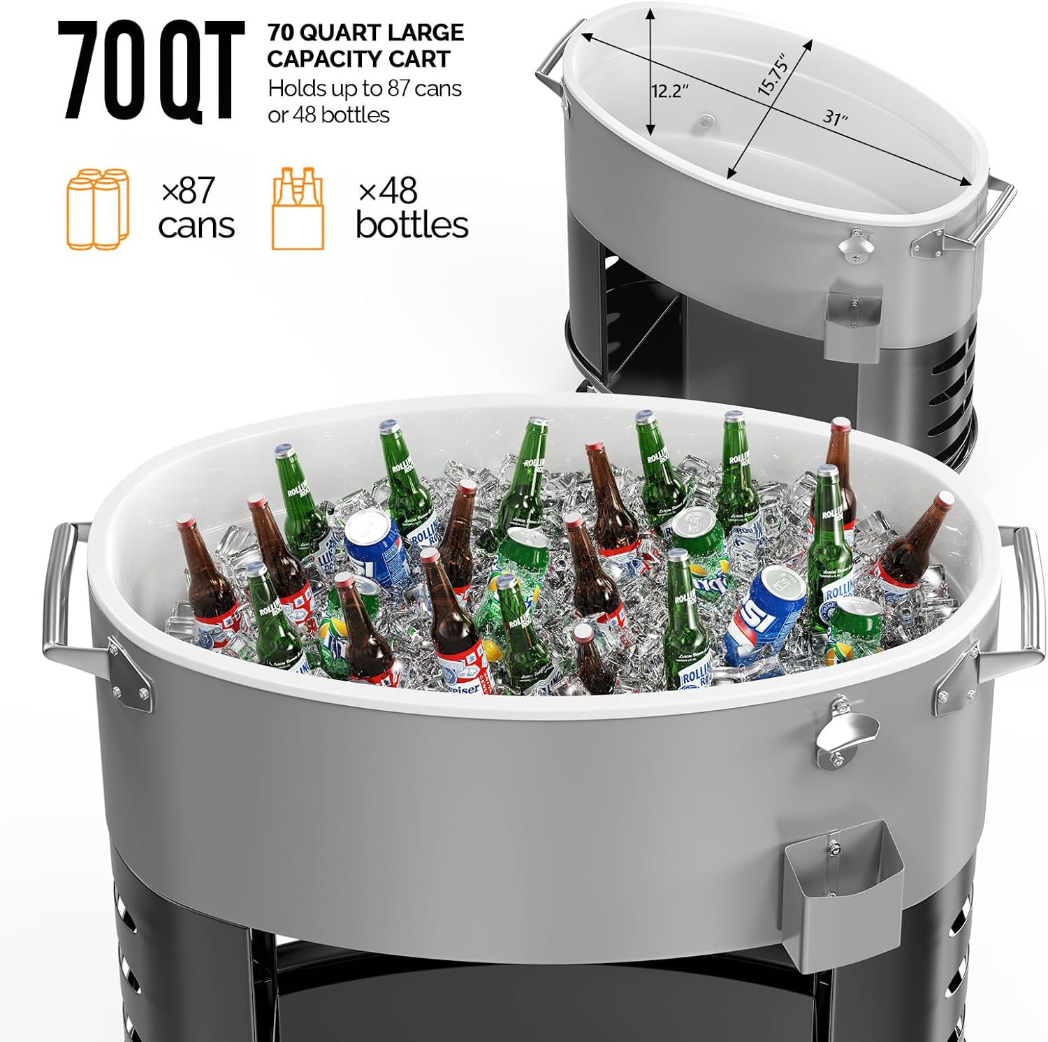 VINGLI Patio Cooler, Rolling Ice Chest on Wheels, Portable Patio Party Bar Drink Cooler Cart, with Shelf, Beverage Pool with Bottle Opener,Water Pipe