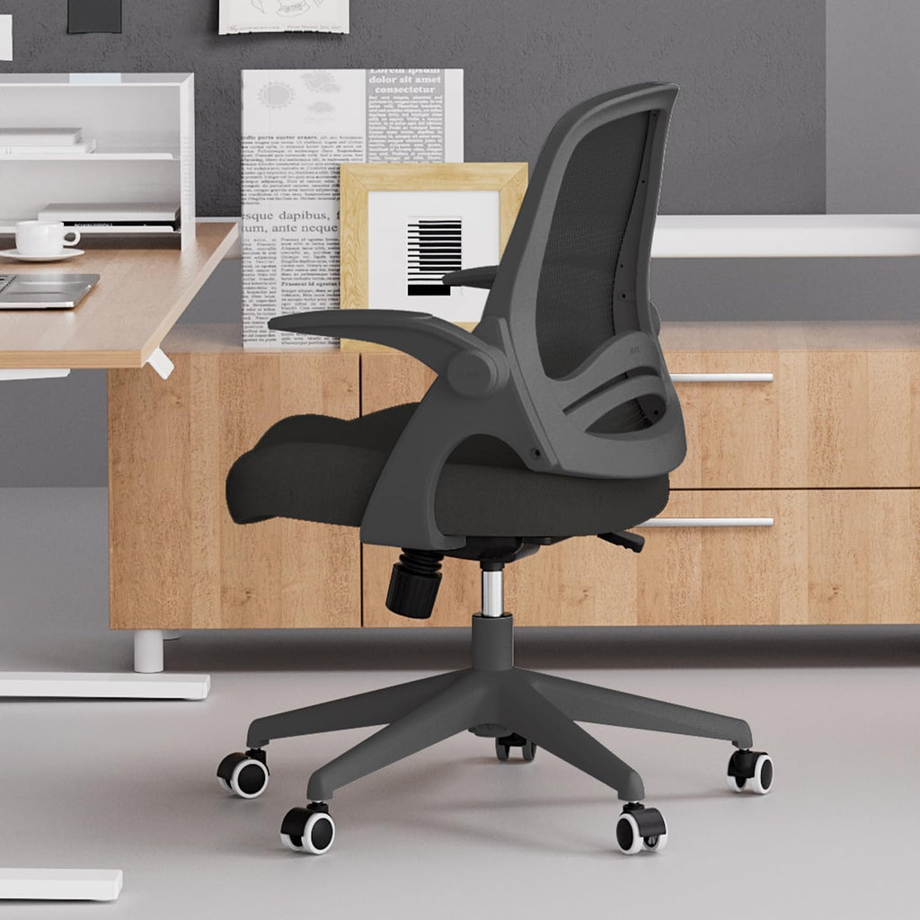 Hbada Office Desk Chair with Flip-Up Armrests and Saddle Cushion, Ergonomic Office Chair with S-Shaped Backrest, Swivel, Mesh, Black