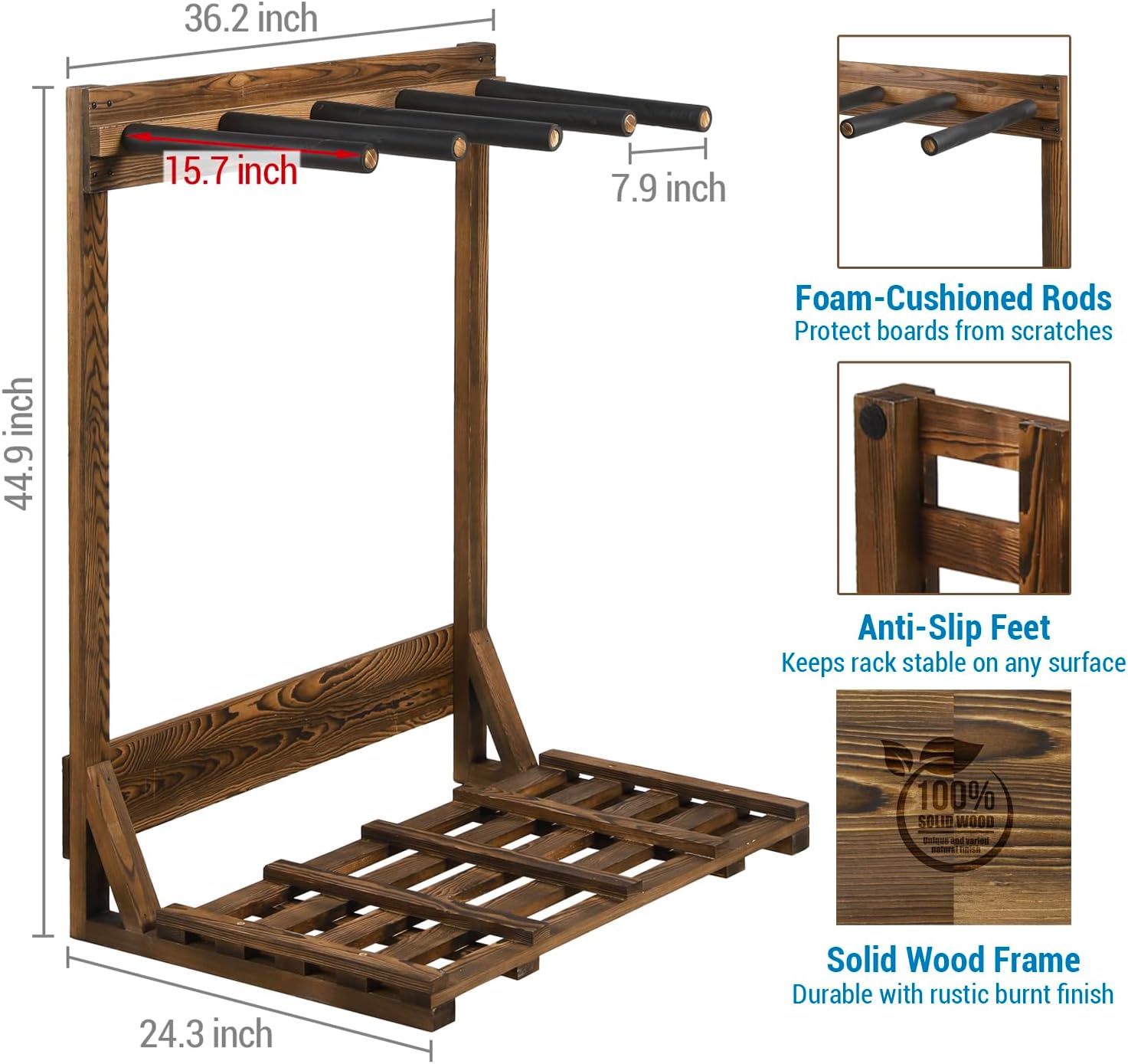 MyGift 4-Ft Tall Rustic Burnt Wood Freestanding Vertical Surfboard Rack, Wakeboard SUP Paddleboard Storage Rack - Holds up to 4 Boards